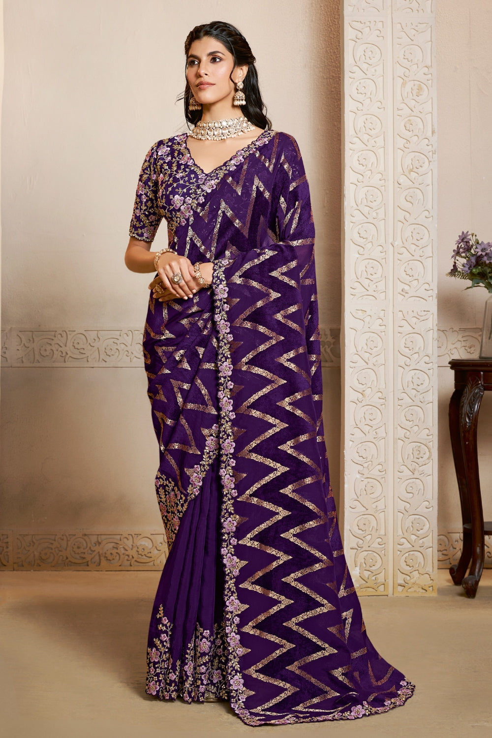 Purple Velvet Silk Saree with Sequins and Moti Work