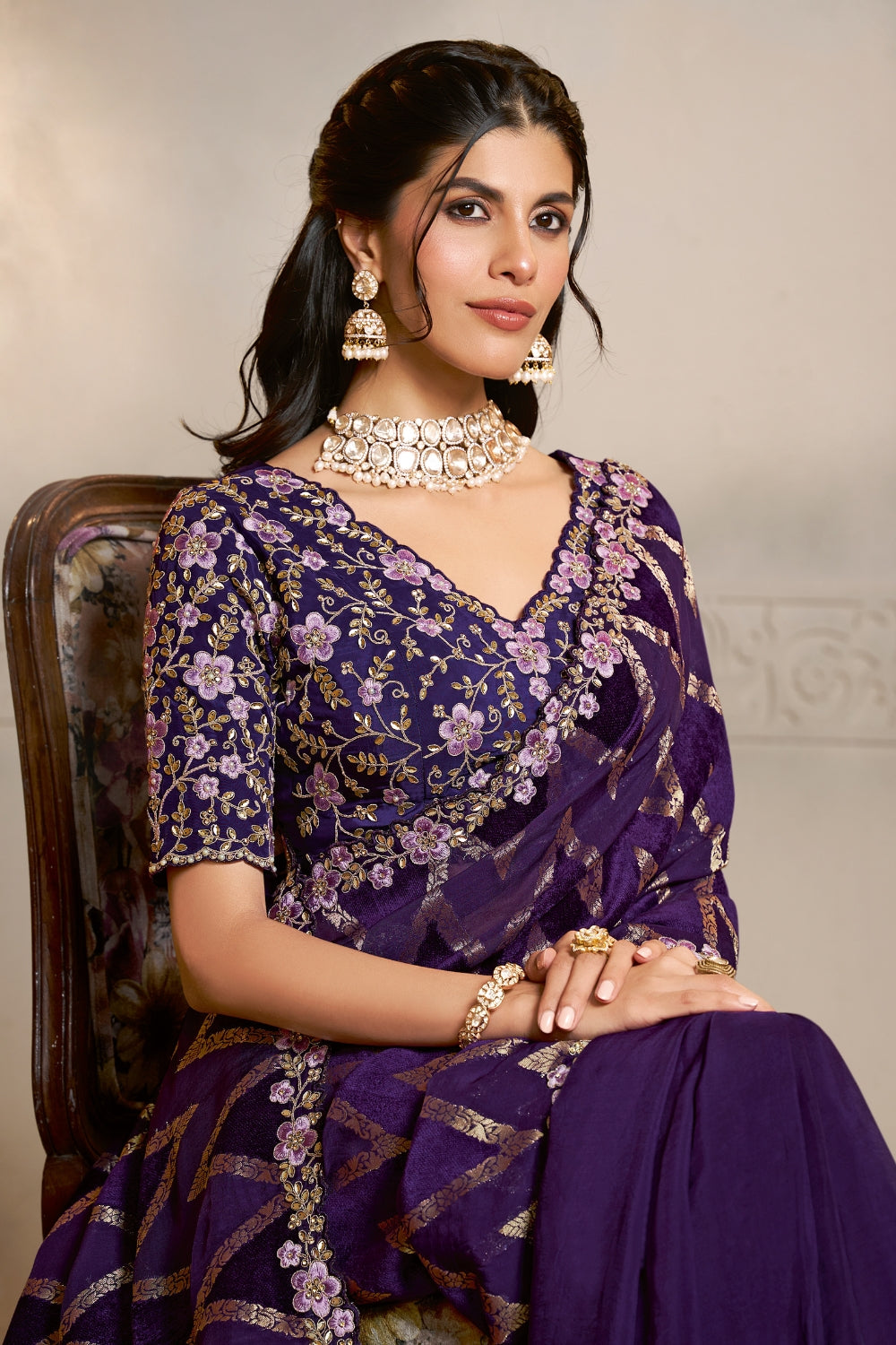 Purple Velvet Silk Saree with Sequins and Moti Work