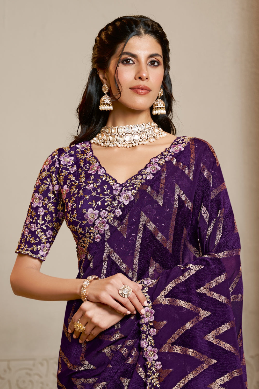 Purple Velvet Silk Saree with Sequins and Moti Work