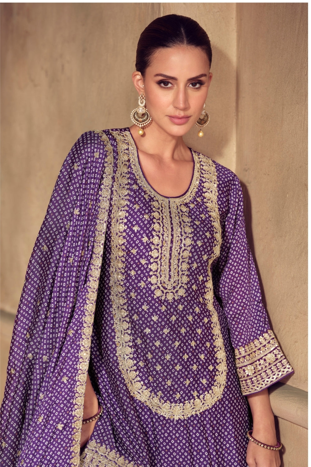 Purple Chinon Silk Embroidered Sharara Suit