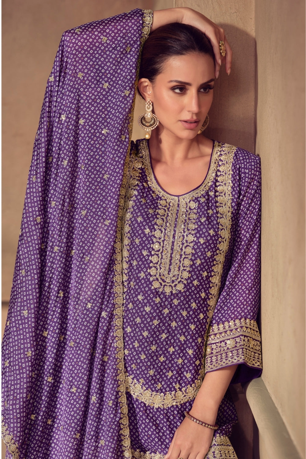 Purple Chinon Silk Embroidered Sharara Suit