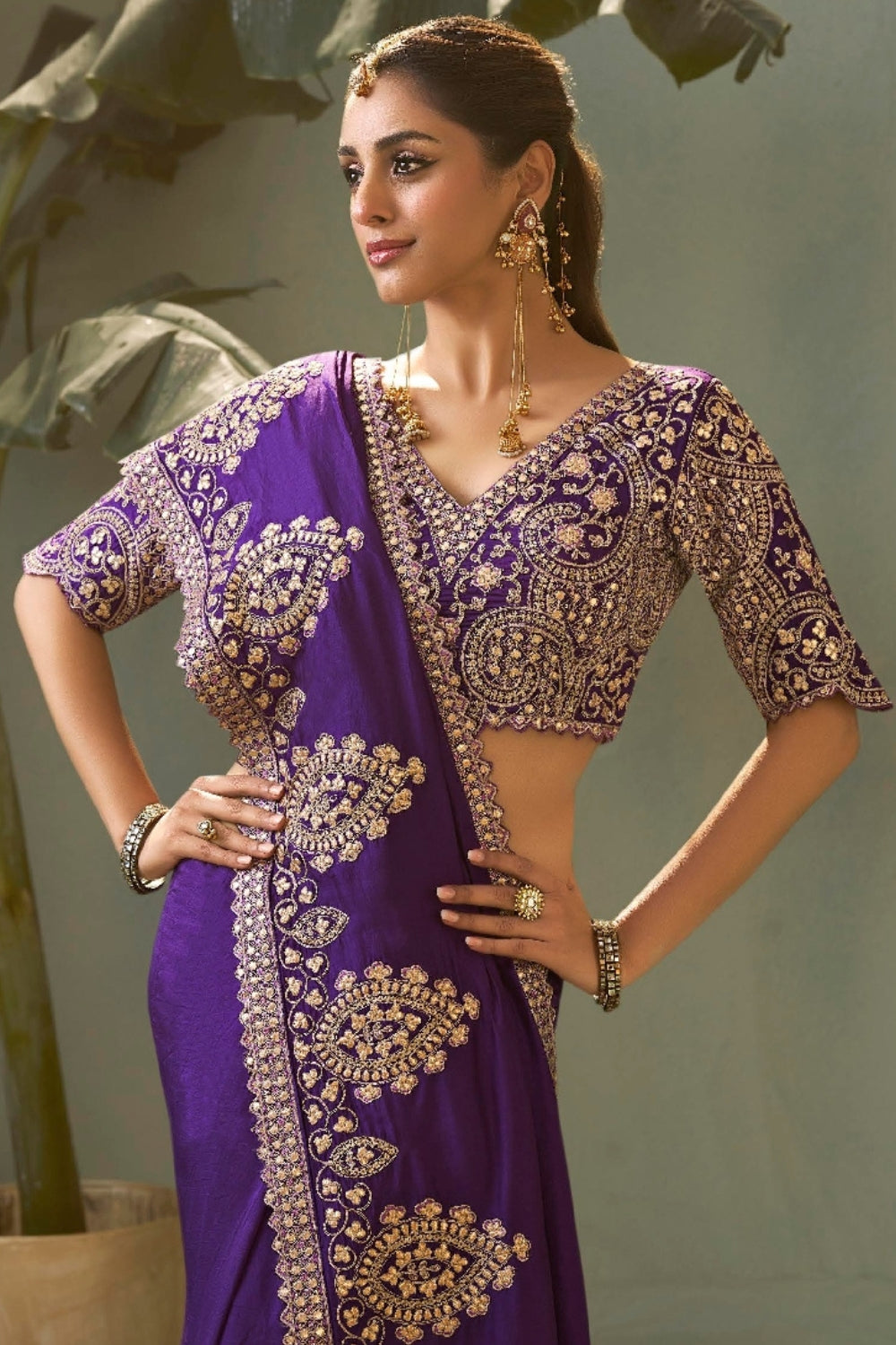 Purple Silk Saree with Embroidery and Sequins Work