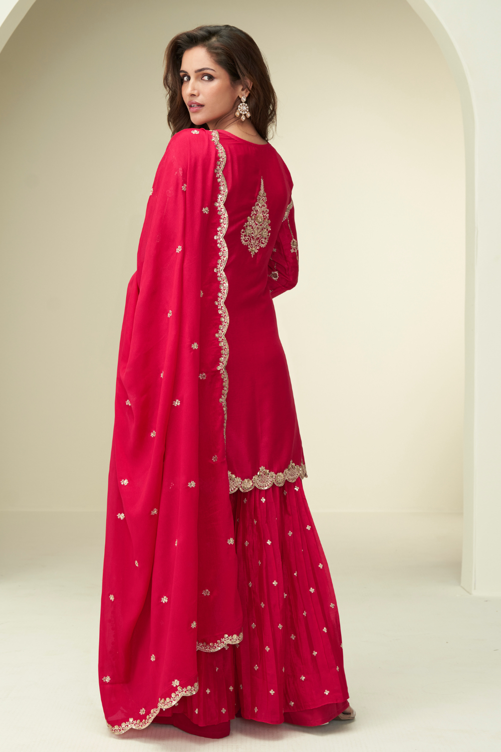 RED CHINON SILK PALAZZO SUIT WITH SEQUINS AND EMBROIDERY