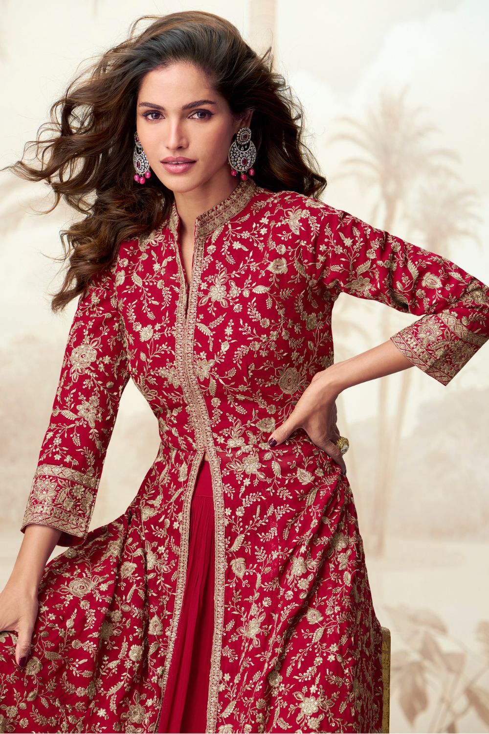 RED GEORGETTE INDO-WESTERN WITH EMBROIDERY