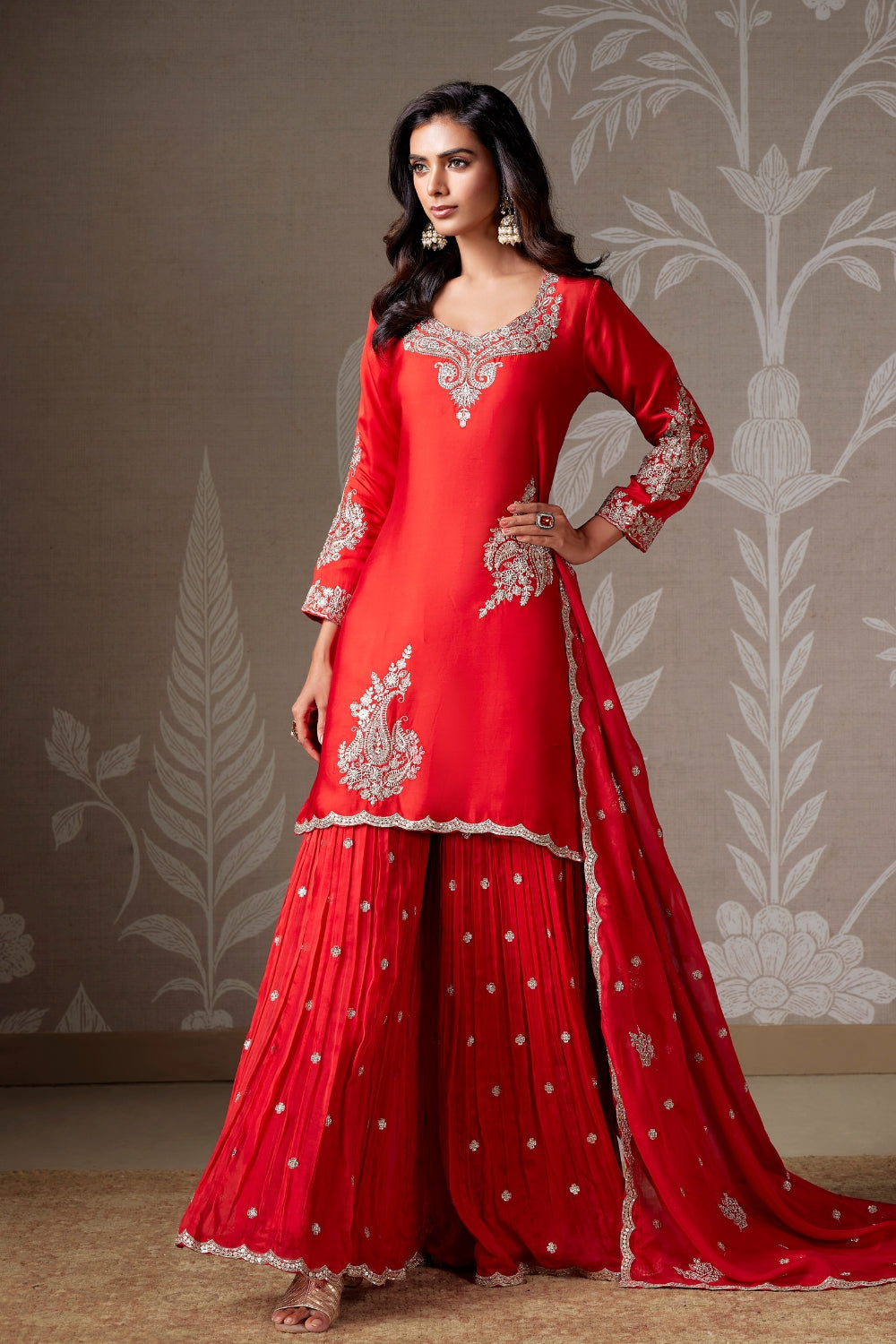 RED SATIN SILK PALAZZO SUIT WITH EMBROIDERY AND SEQUINS