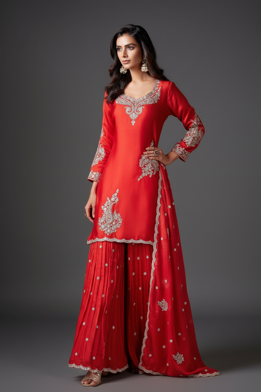RED SATIN SILK PALAZZO SUIT WITH EMBROIDERY AND SEQUINS