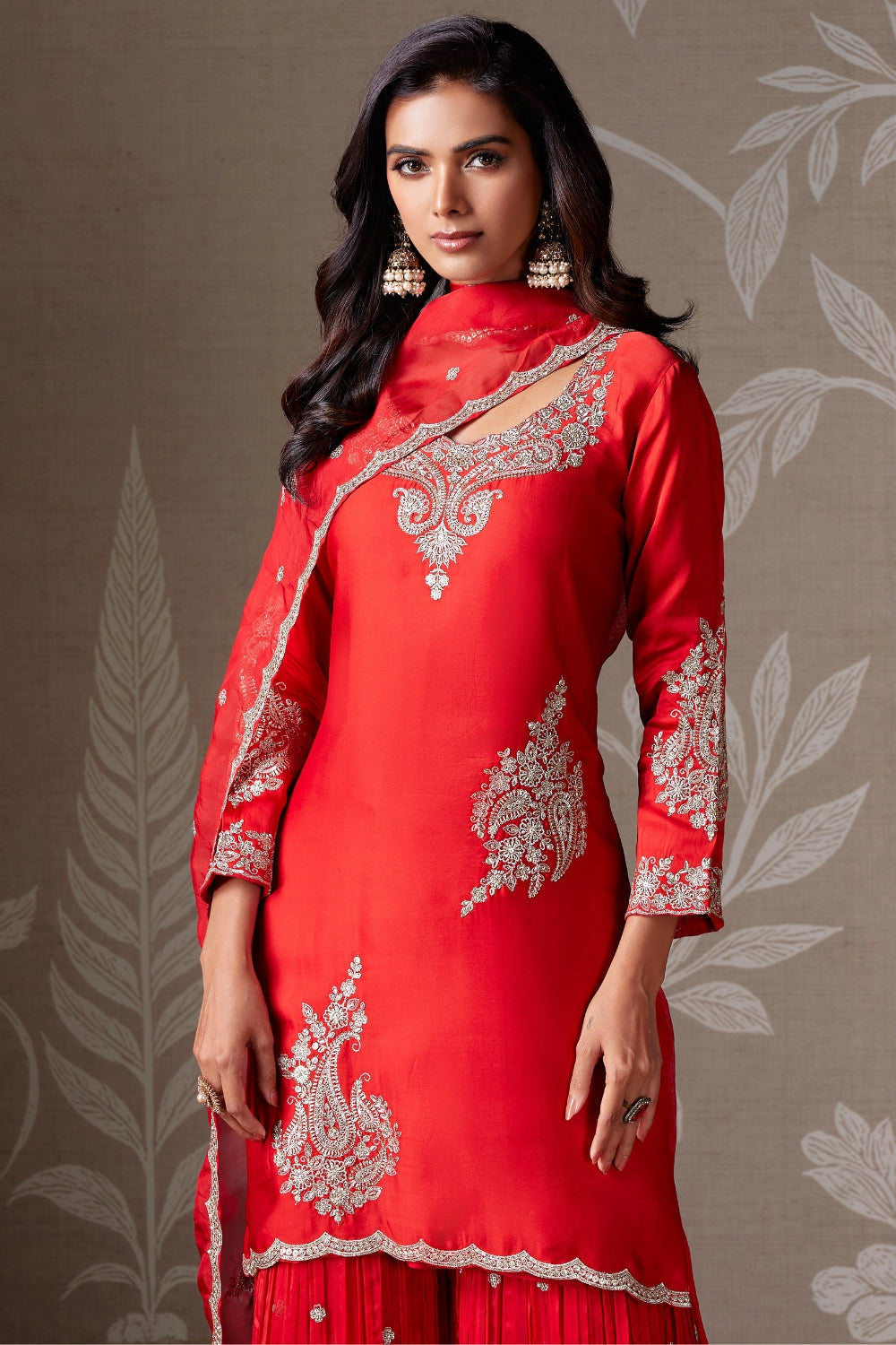 RED SATIN SILK PALAZZO SUIT WITH EMBROIDERY AND SEQUINS