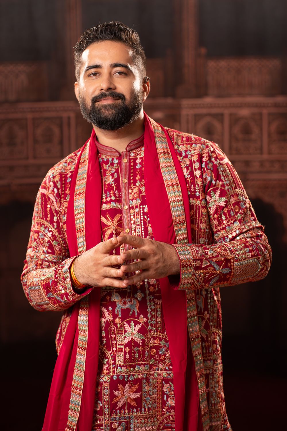 RED SILK KURTA SET WITH THREAD AND MIRROR WORK