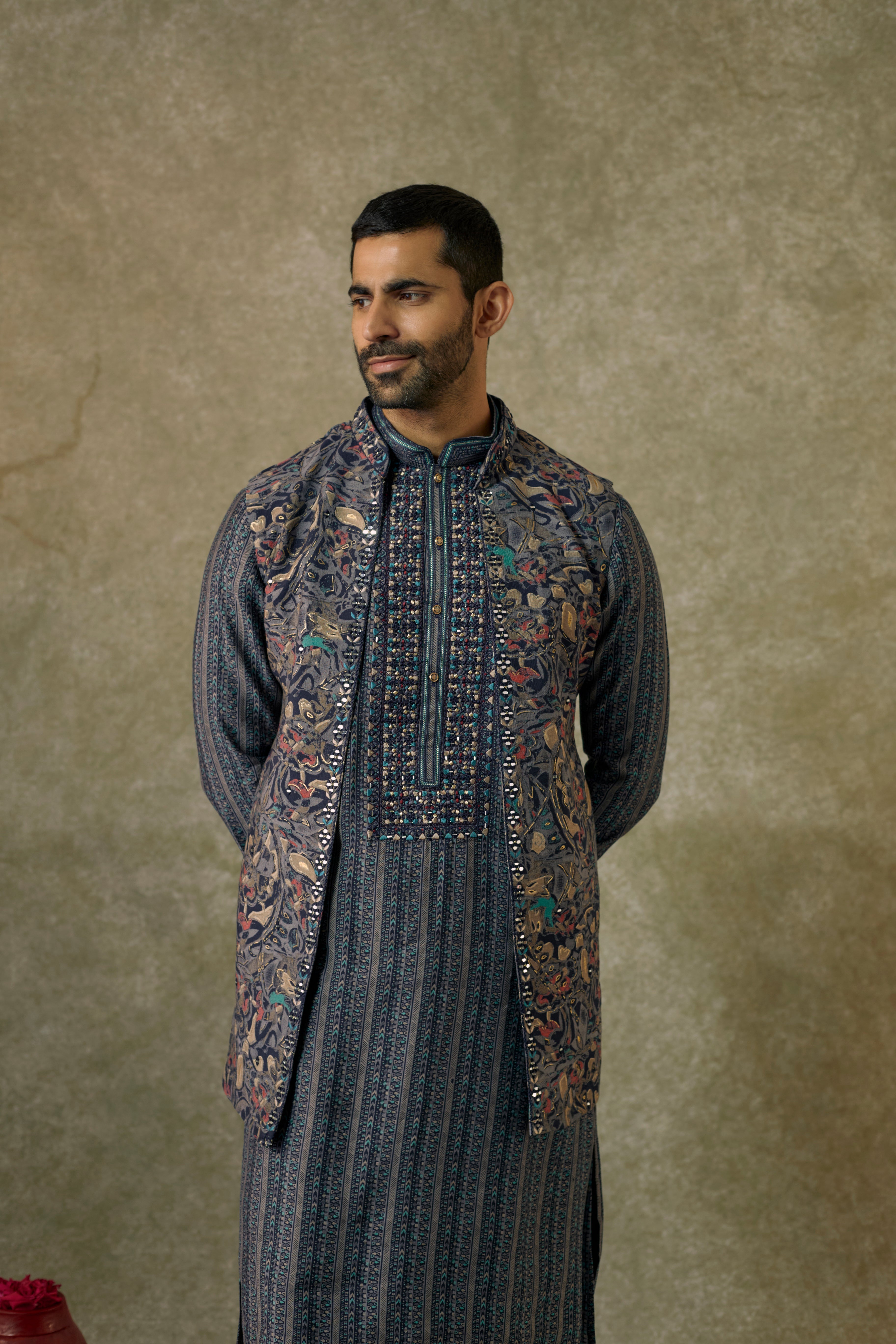 Grey printed Splendid silk resham and embroidered Open kurta Jacket set