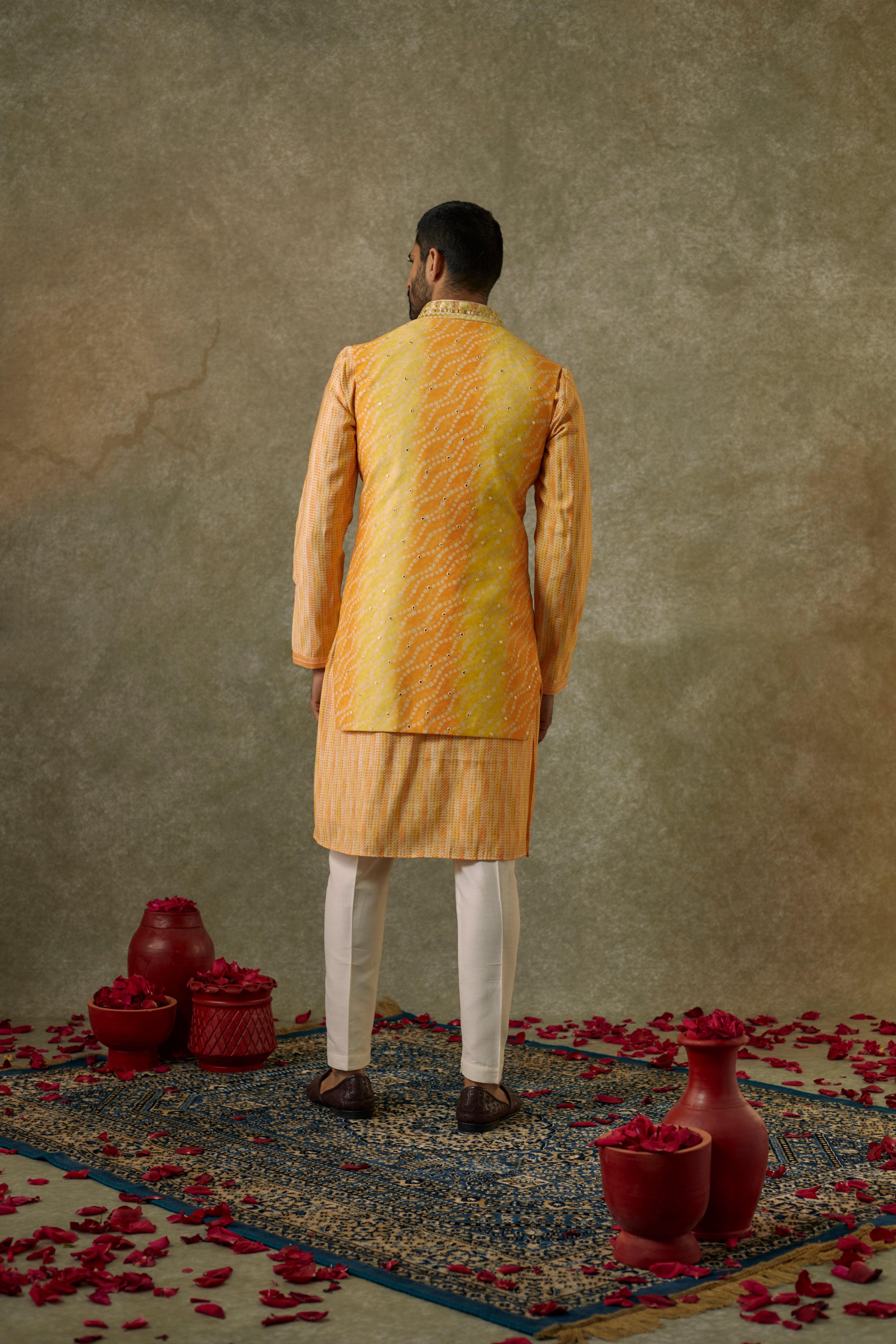 Vivid Yellow printed Splendid silk resham and embroidered Open kurta Jacket set