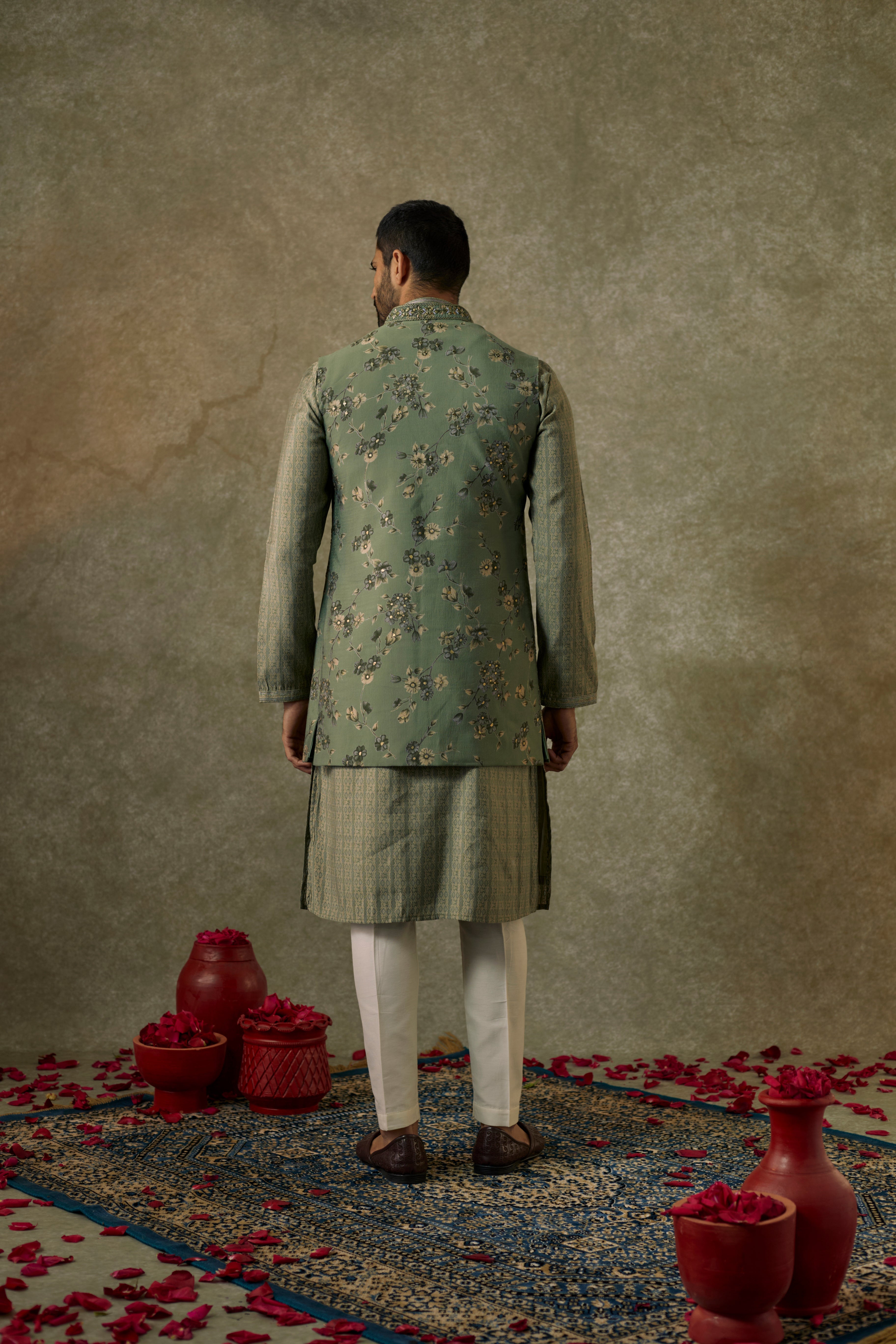 Pistachio printed Splendid silk resham and embroidered Open kurta Jacket set