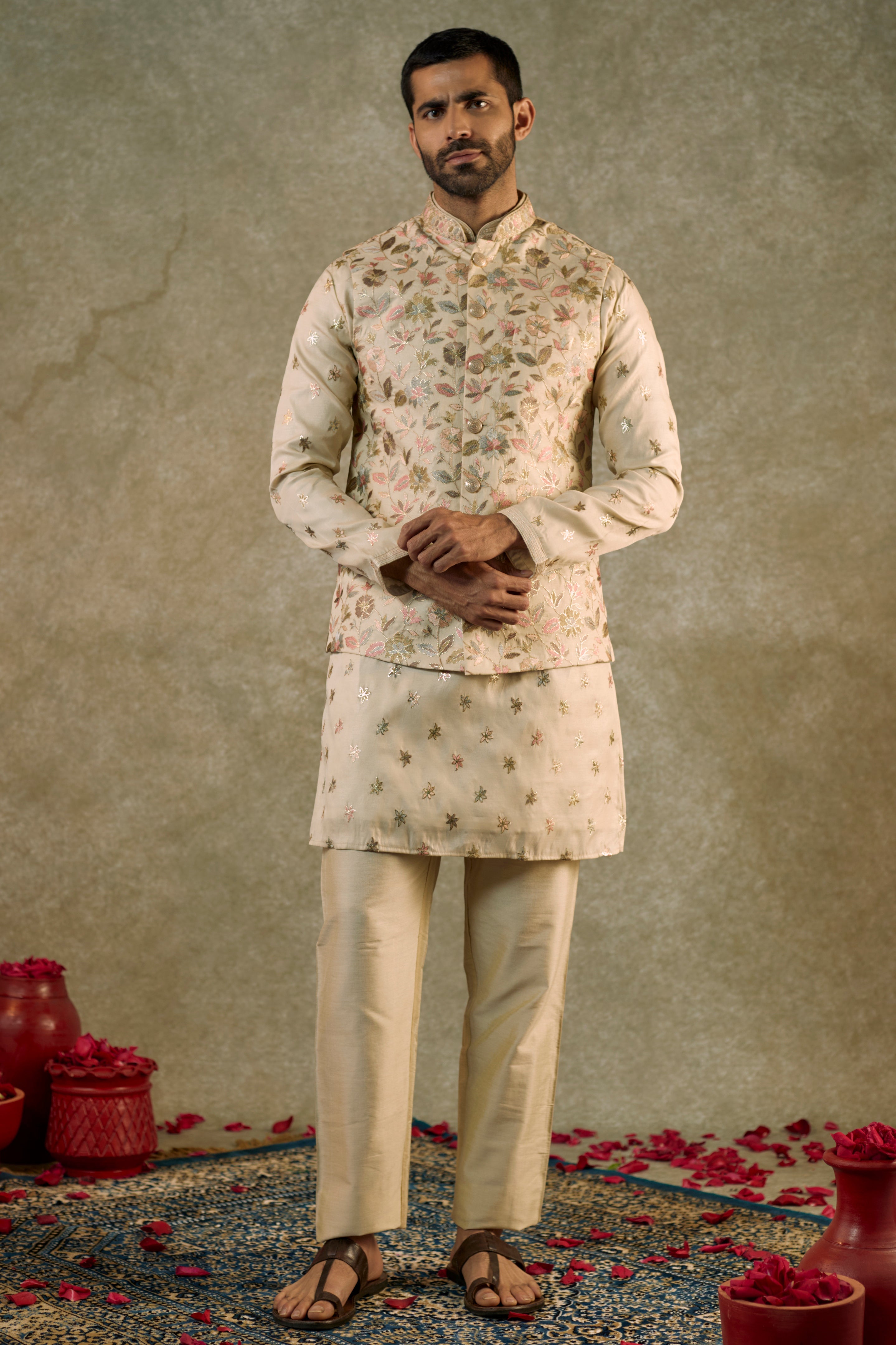 Chanderi silk resham Kurta jacket set