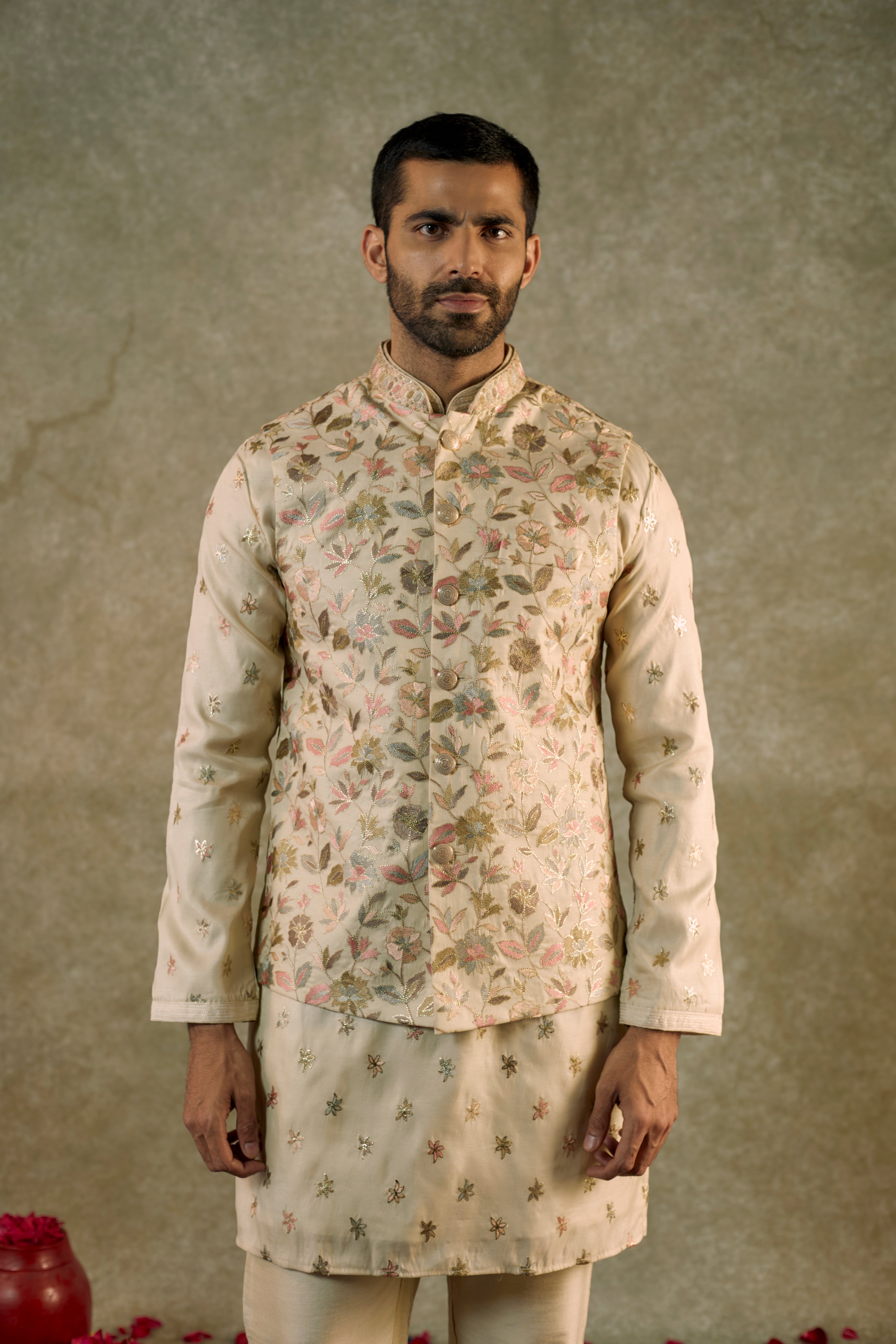 Chanderi silk resham Kurta jacket set
