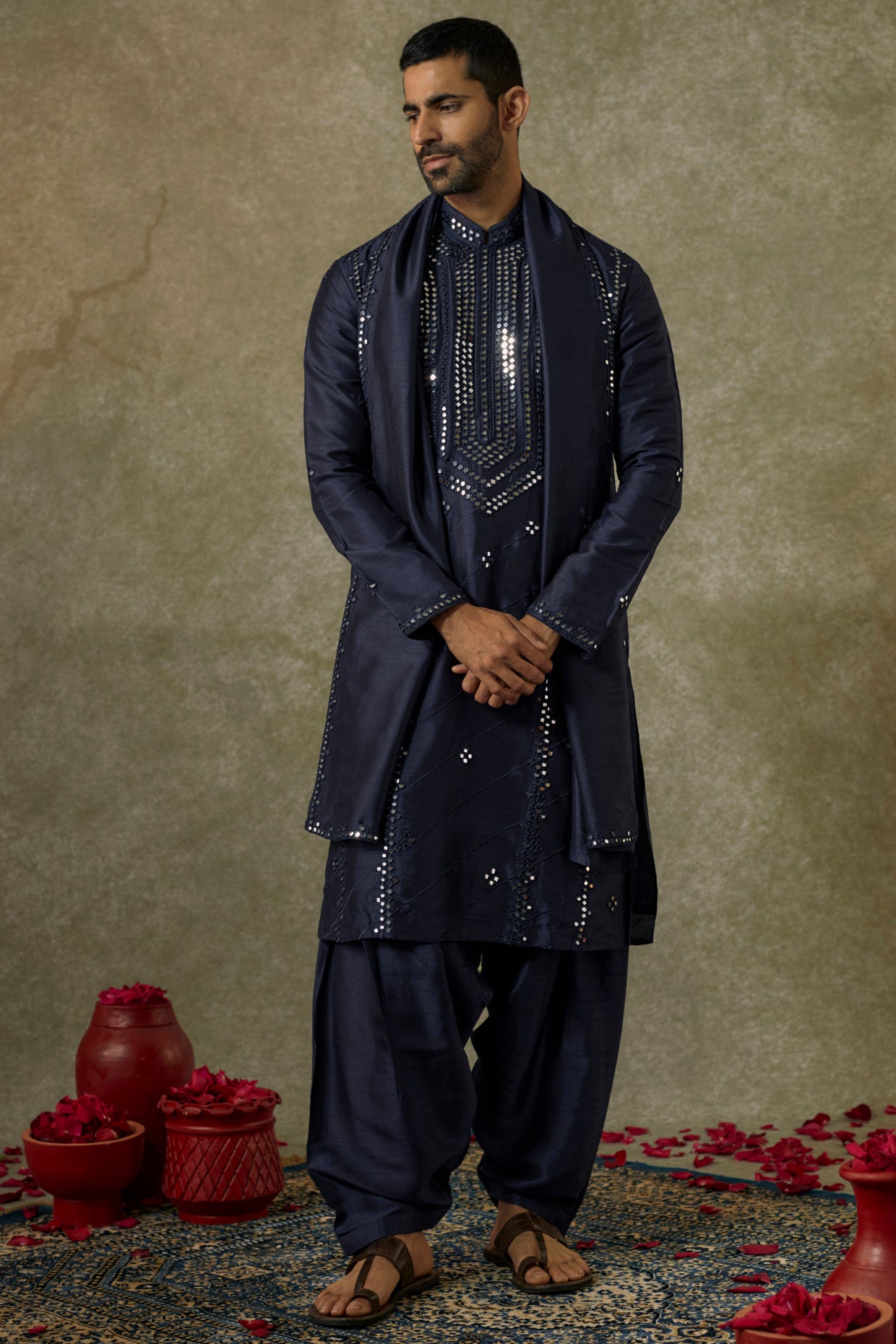 Midnight Blue Art Silk Mirror Work Kurta Set