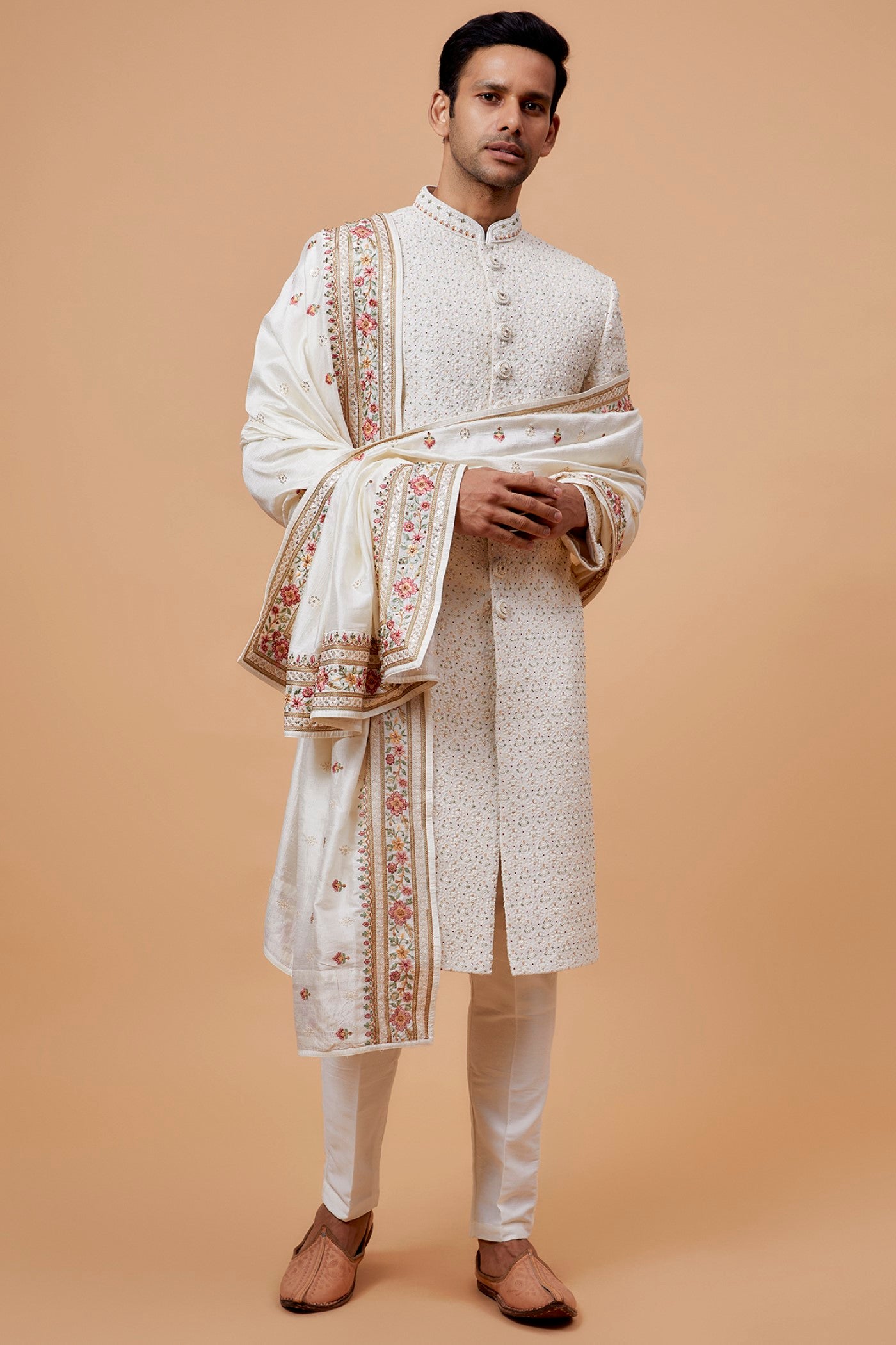 Off-White Lucknowi Embroidered Sherwani Set