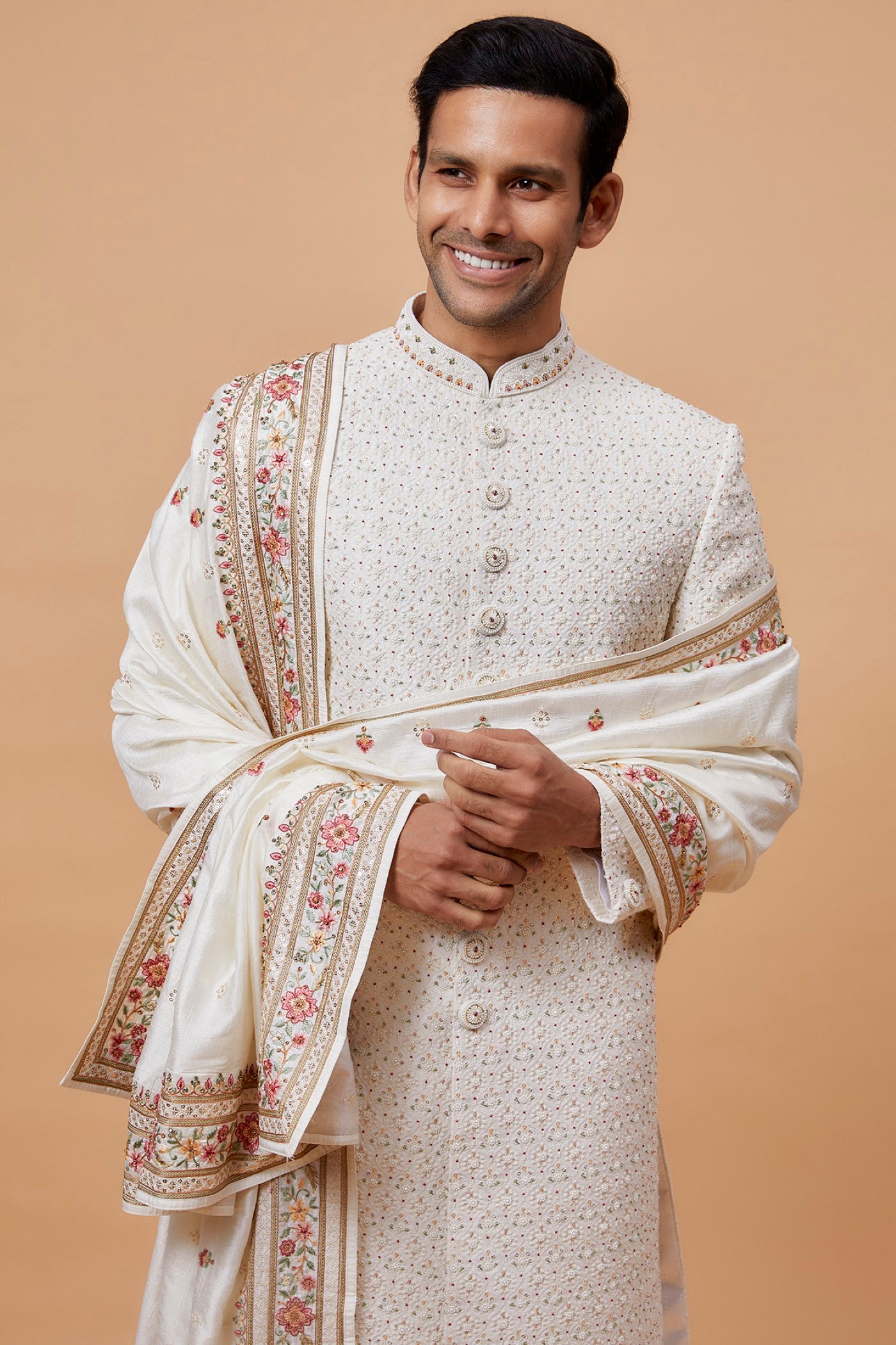 Off-White Lucknowi Embroidered Sherwani Set