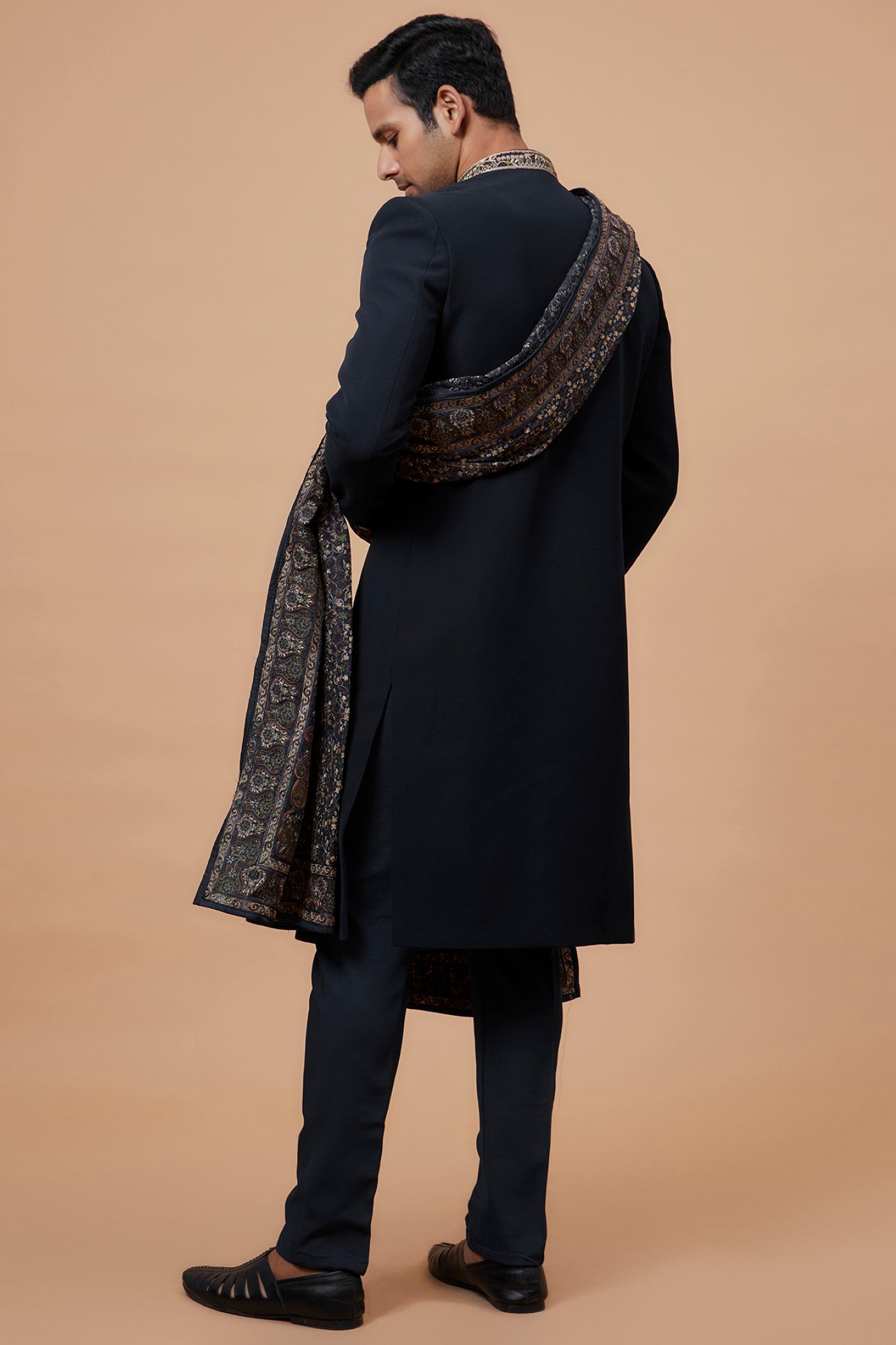 Blue Suiting Fabric Embroidered Indowestern Set