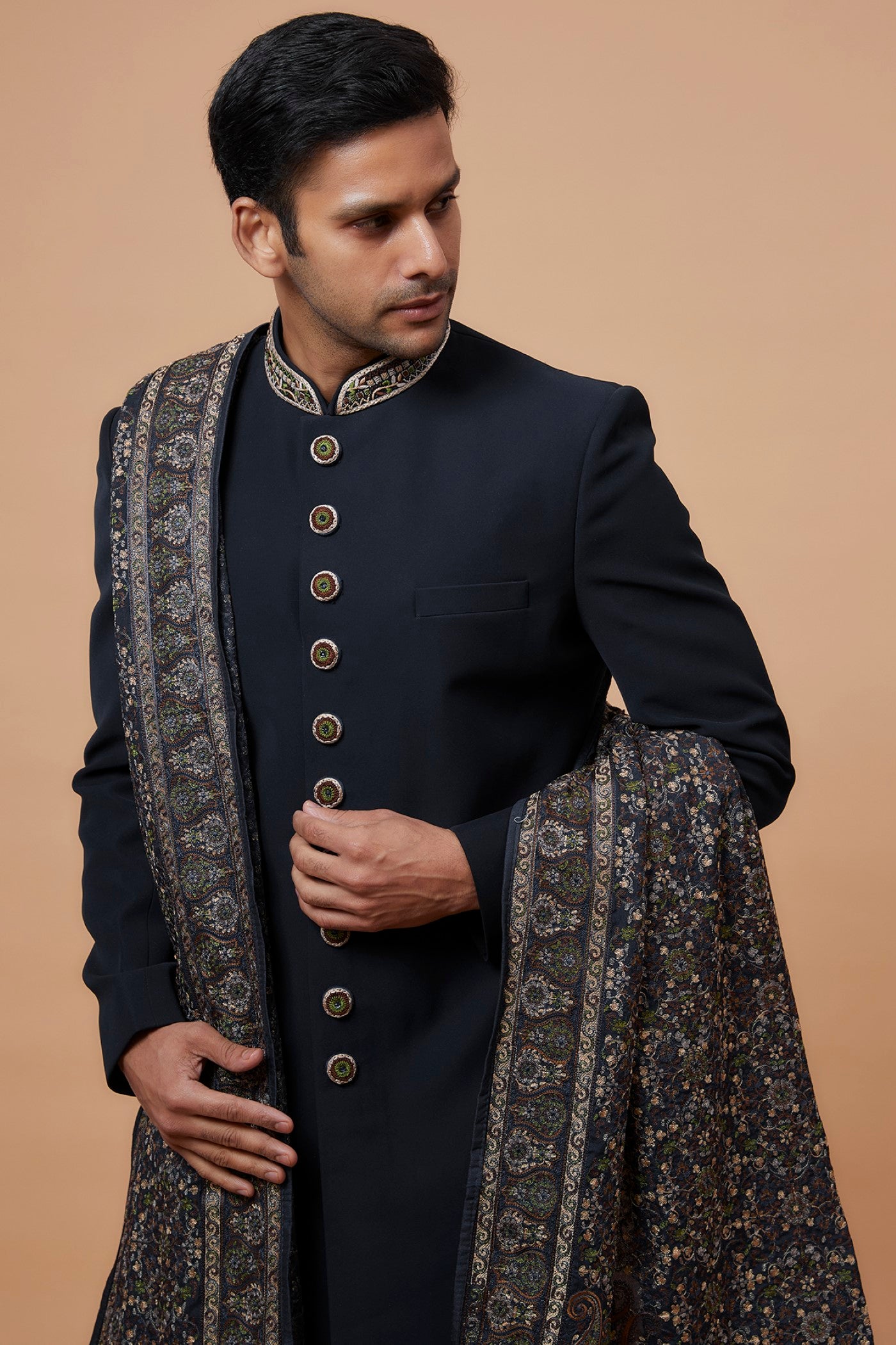 Blue Suiting Fabric Embroidered Indowestern Set