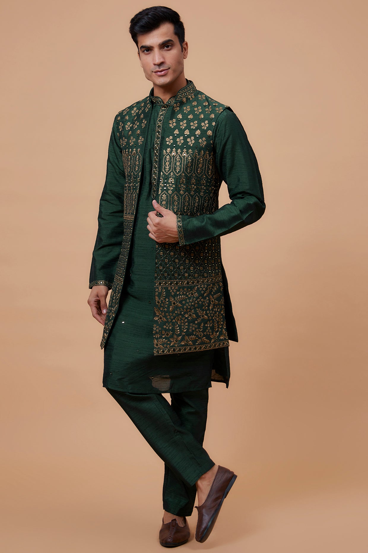 Green Silk Embroidered Indo-Western Set