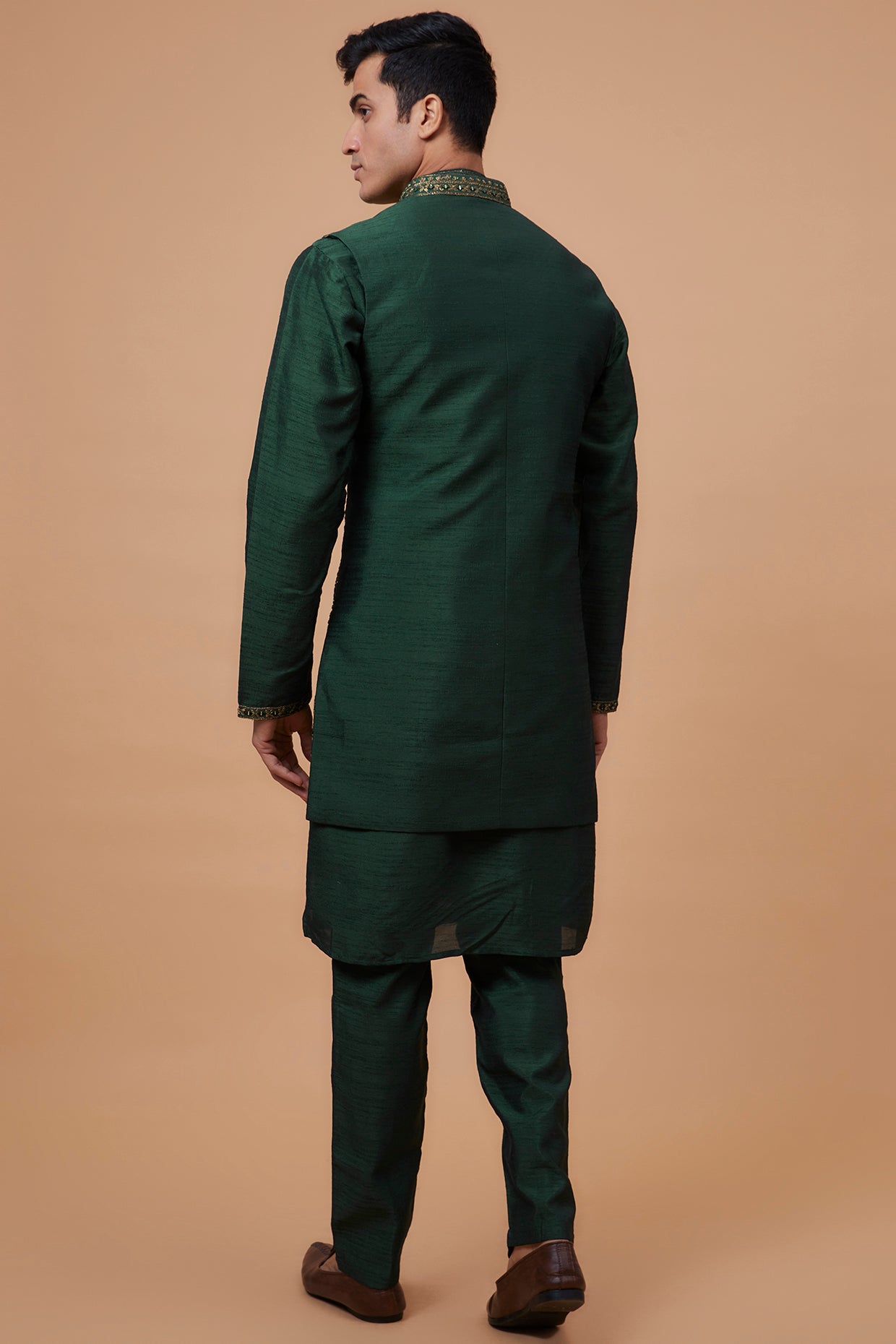 Green Silk Embroidered Indo-Western Set