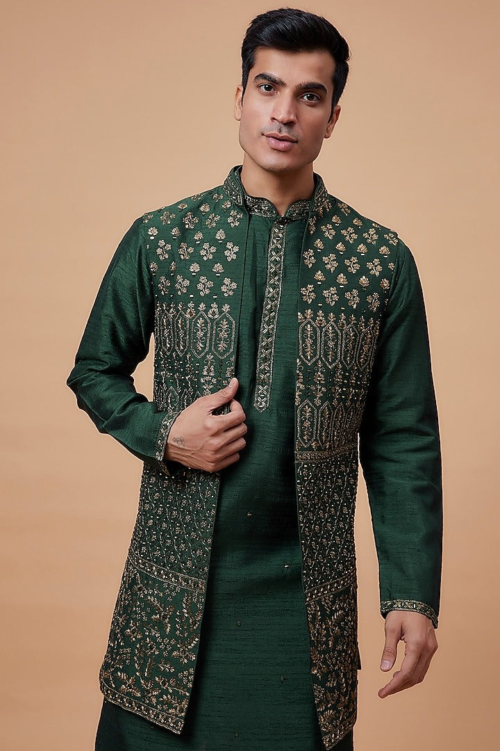 Green Silk Embroidered Indo-Western Set