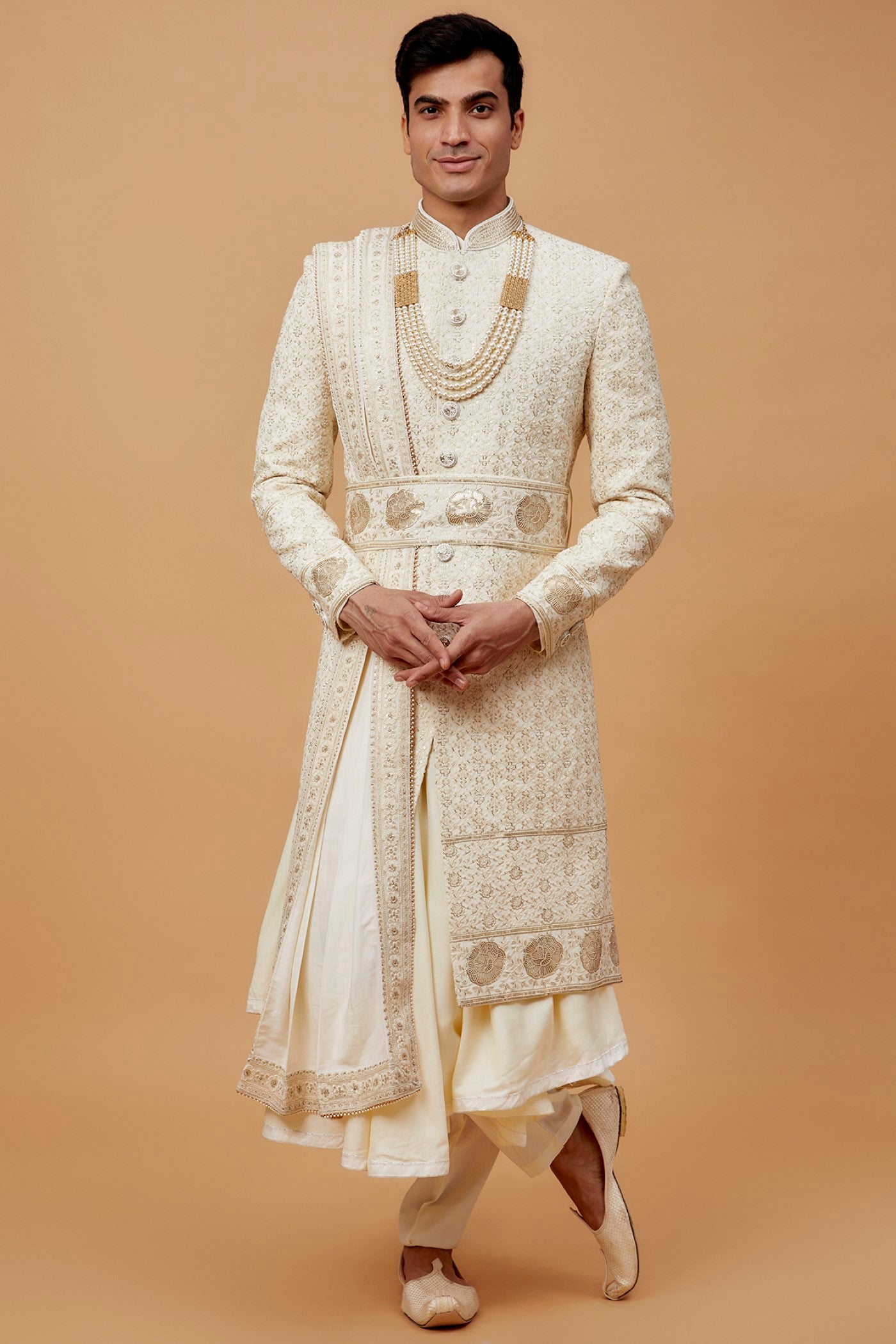 Off-White Lucknowi Embroidered Sherwani Set