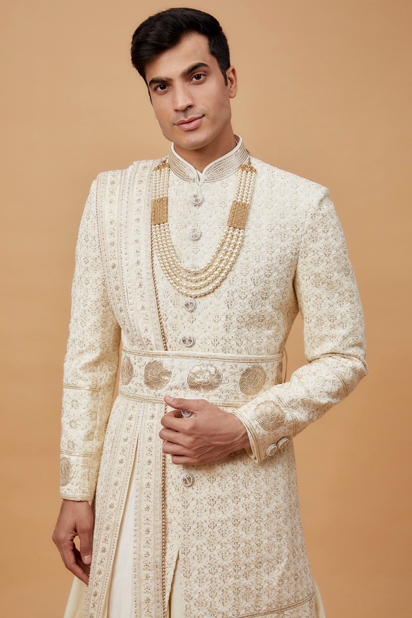 Off-White Lucknowi Embroidered Sherwani Set