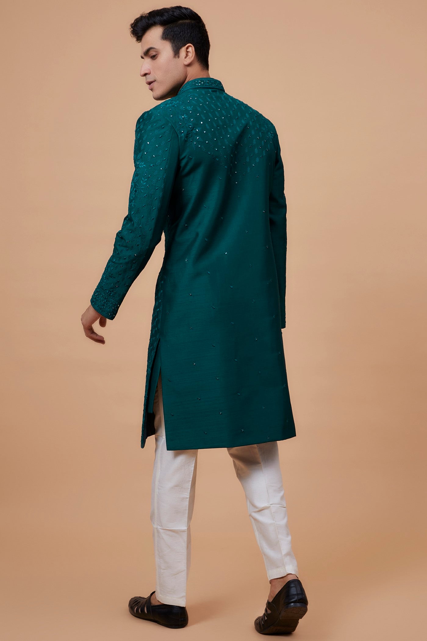 Teal Silk Embroidered Indowestern Set