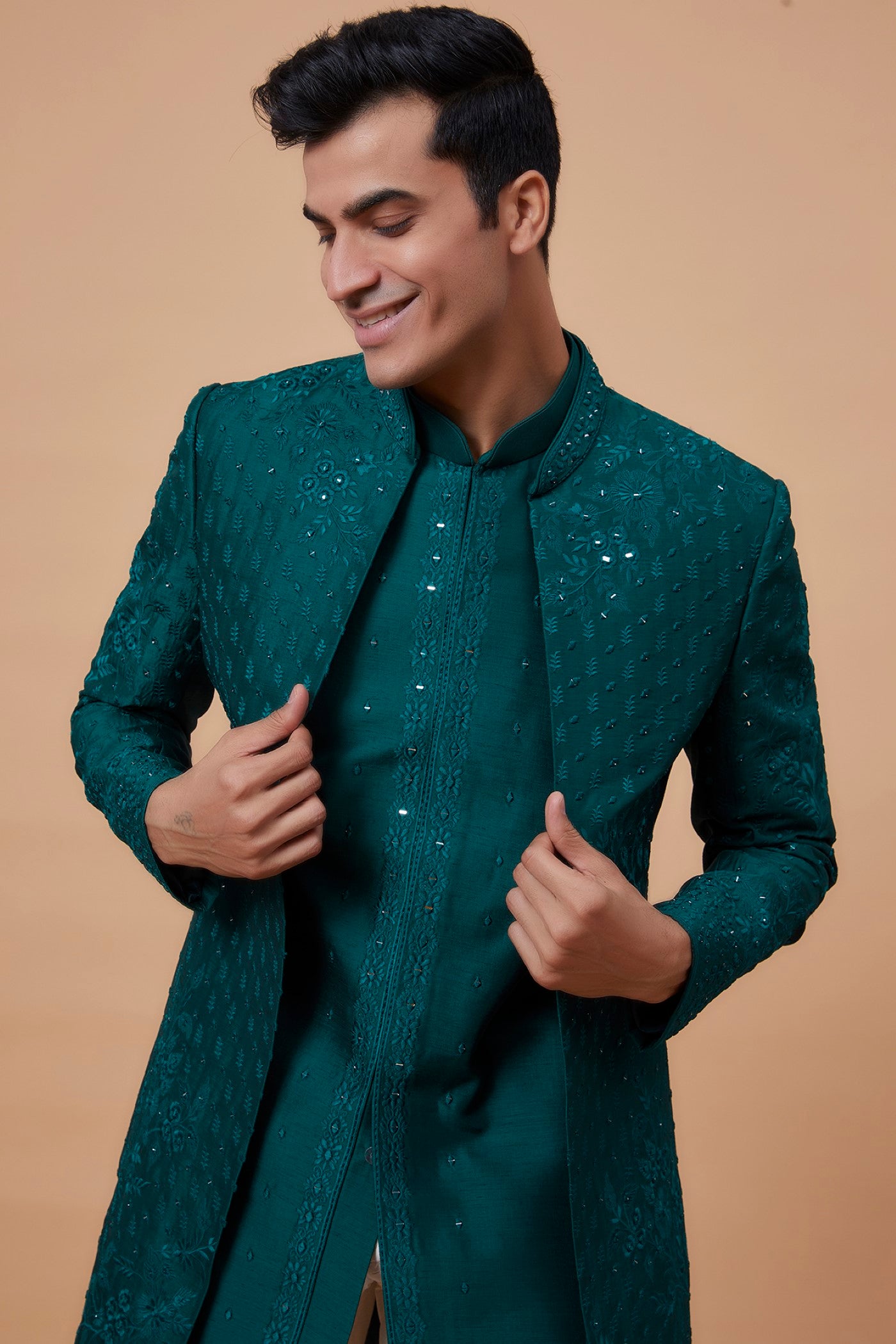 Teal Silk Embroidered Indowestern Set