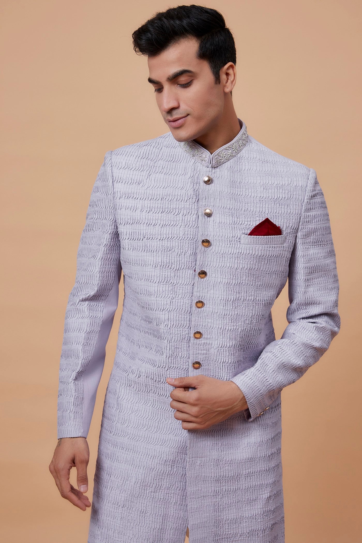 Purple Silk Embroidered Indowestern Set