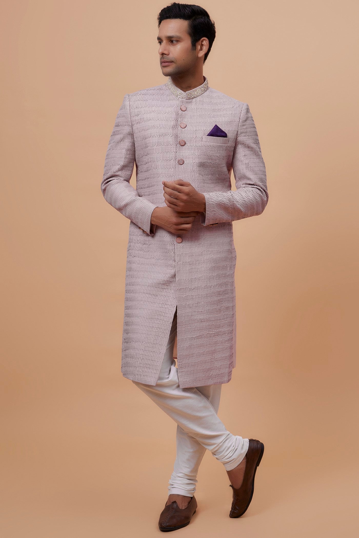 Rose Gold Silk Embroidered Indowestern Set
