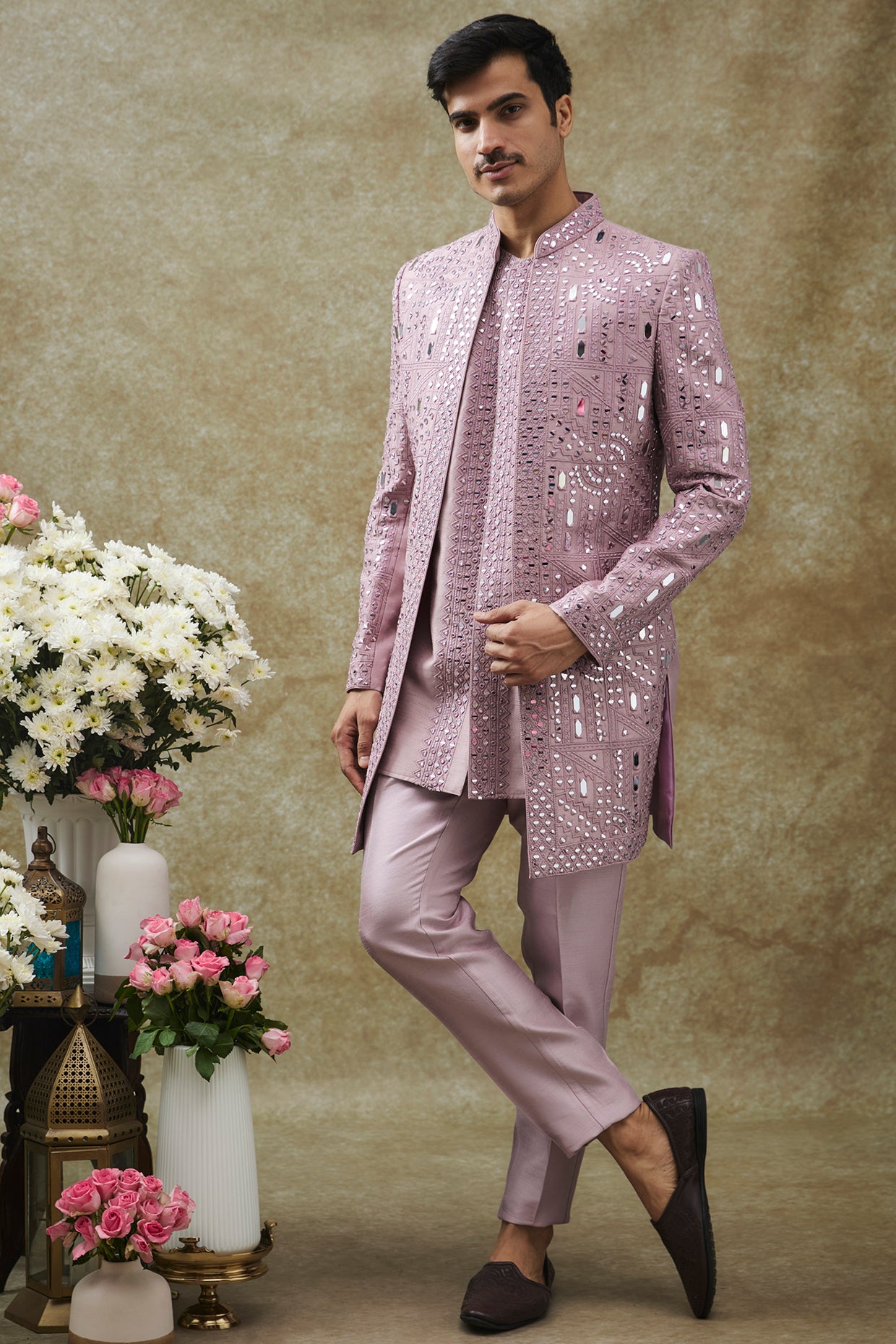Pink Floral Indo Western Dresses For Male Purple Splendid Silk