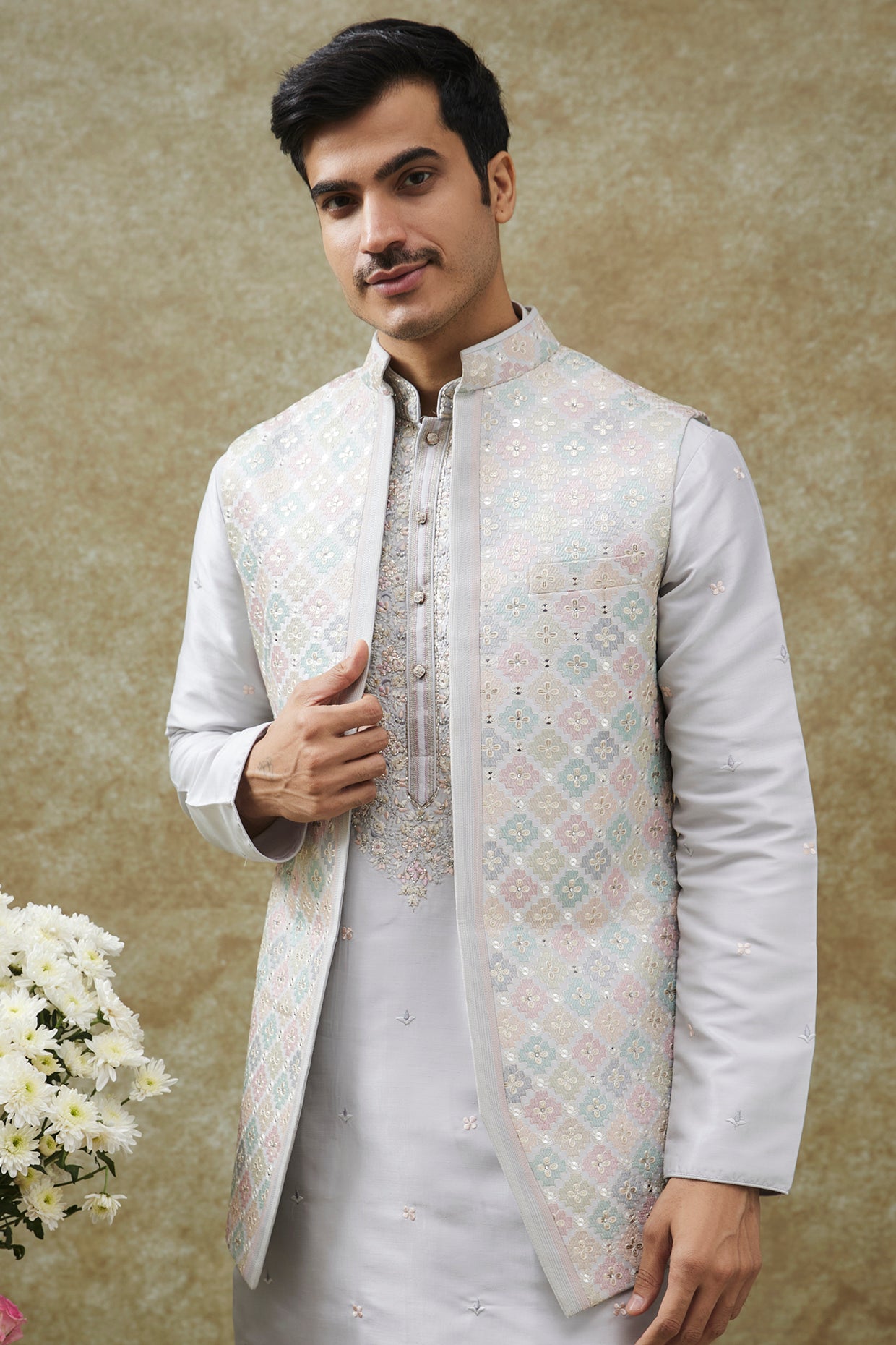 Snow White Splendid Silk Jacket Kurta Set