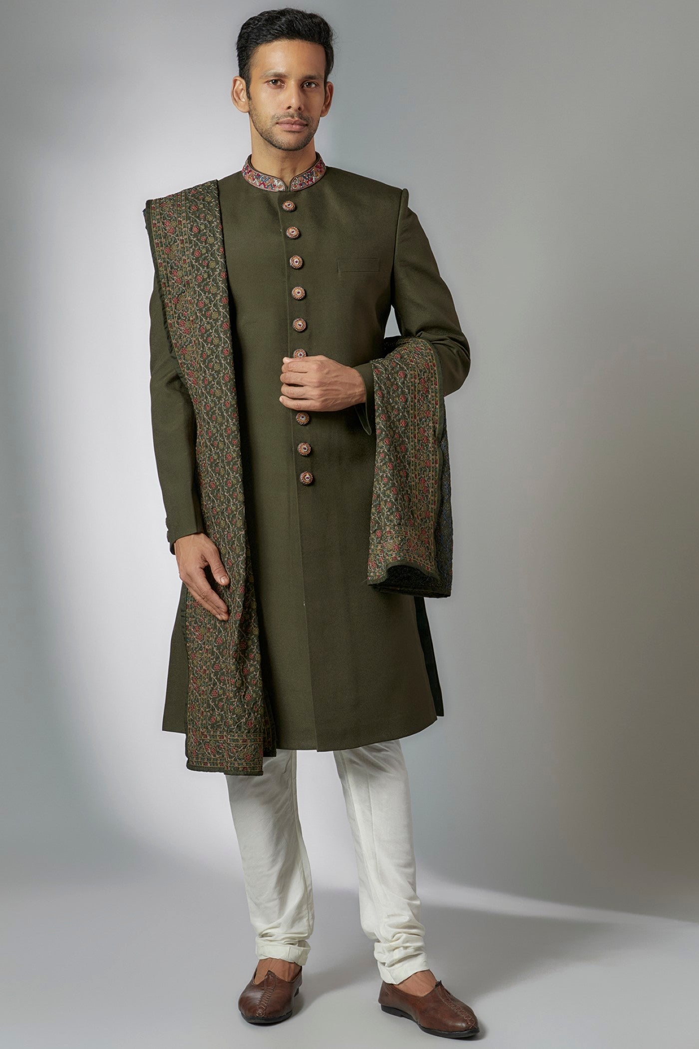 Green Suiting Sherwani Set