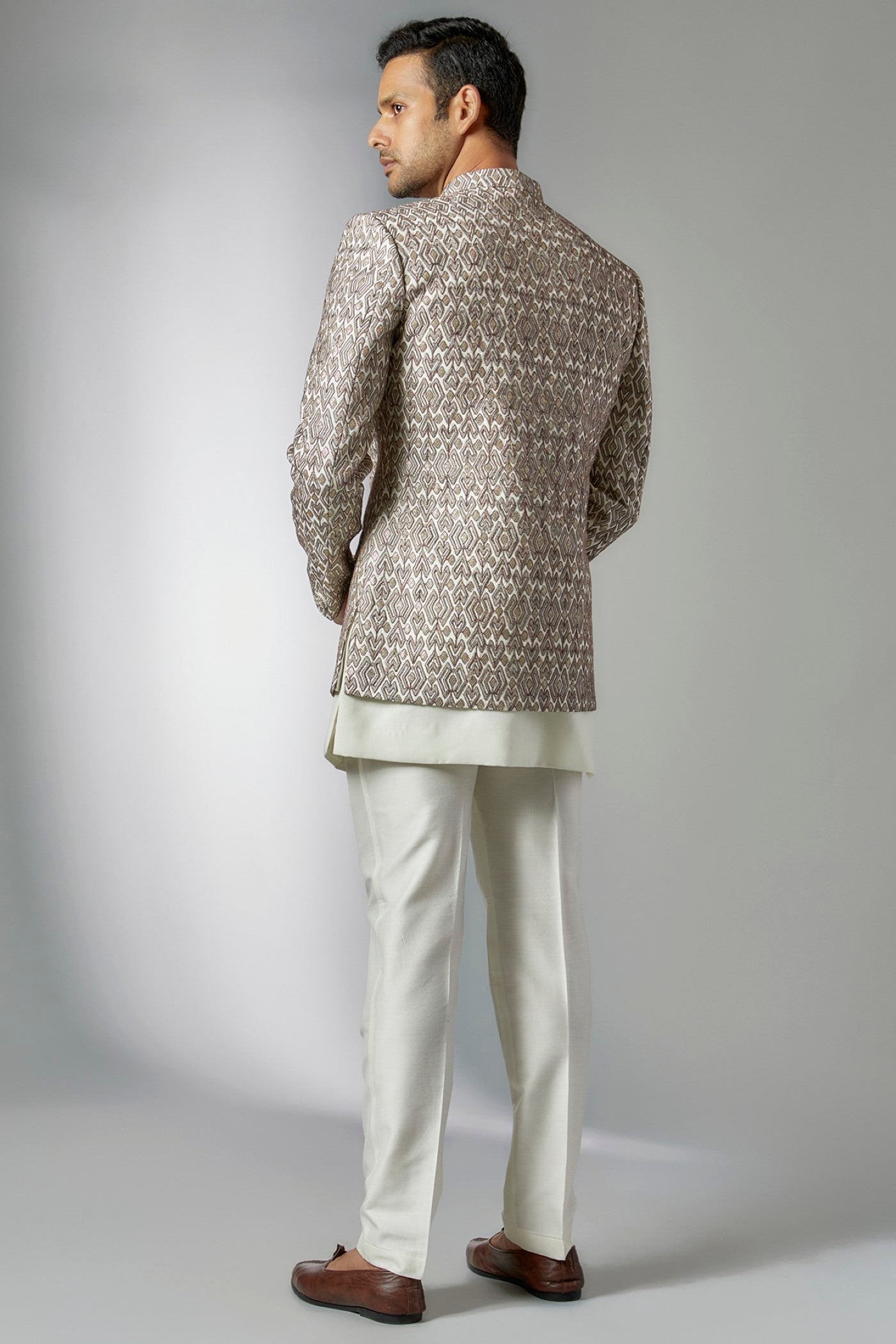 Off-White Silk Embroidered Indowestern Set
