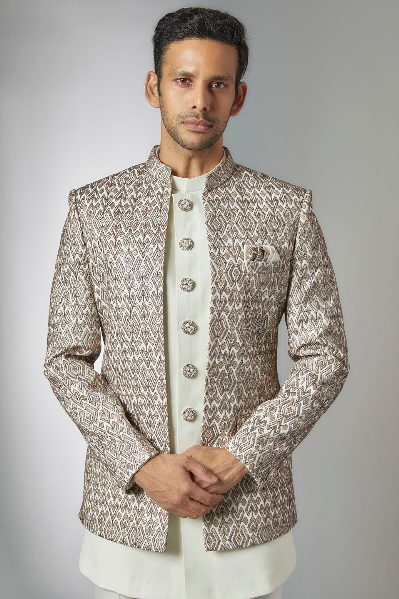 Off-White Silk Embroidered Indowestern Set