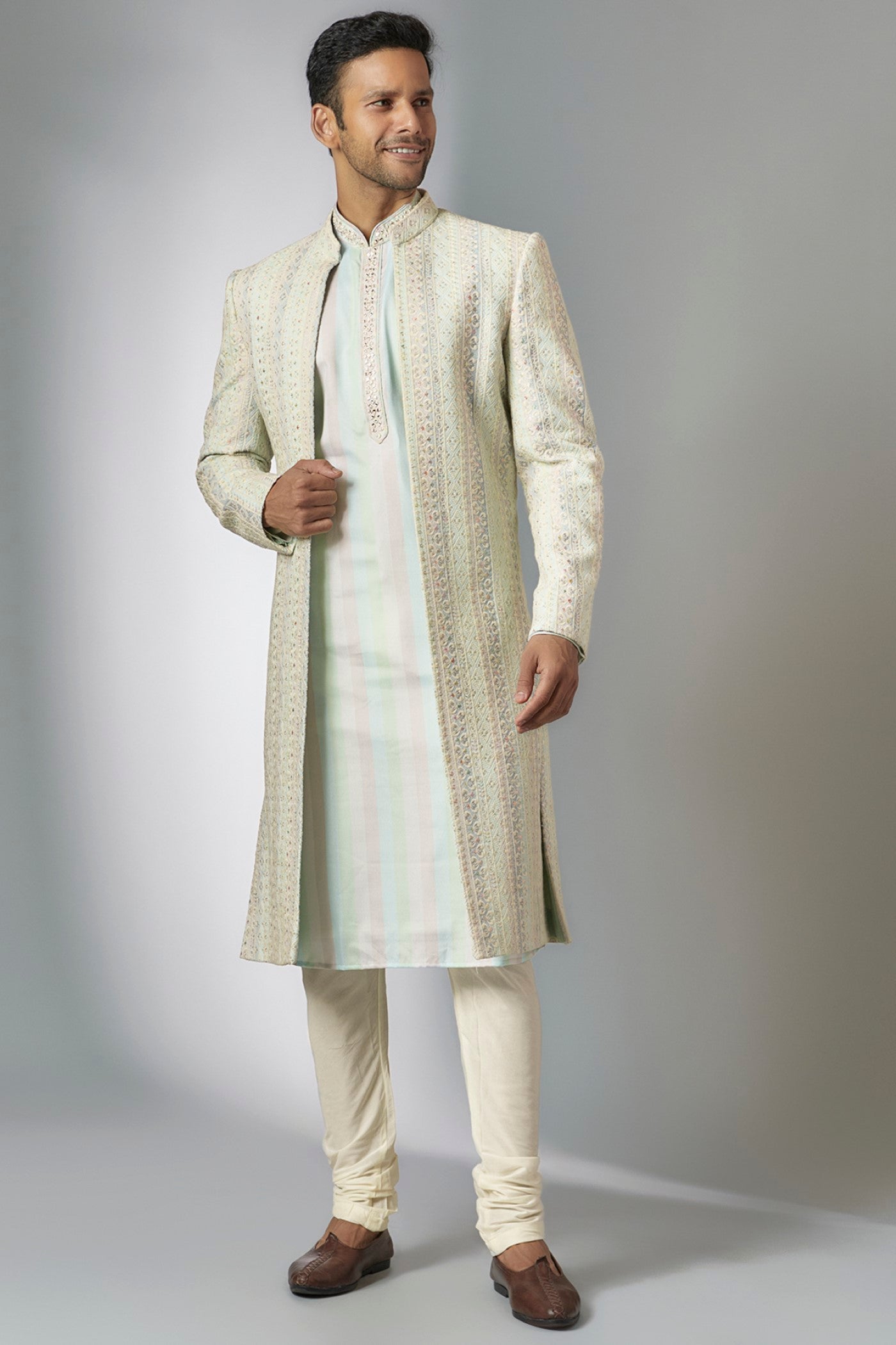 Pista Green Lucknowi Embroidered Indo Western Set