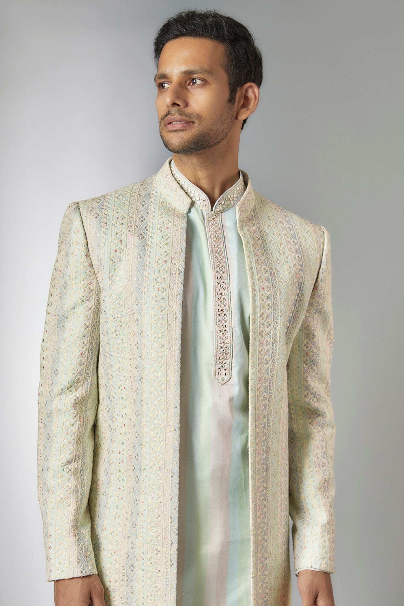 Pista Green Lucknowi Embroidered Indo Western Set
