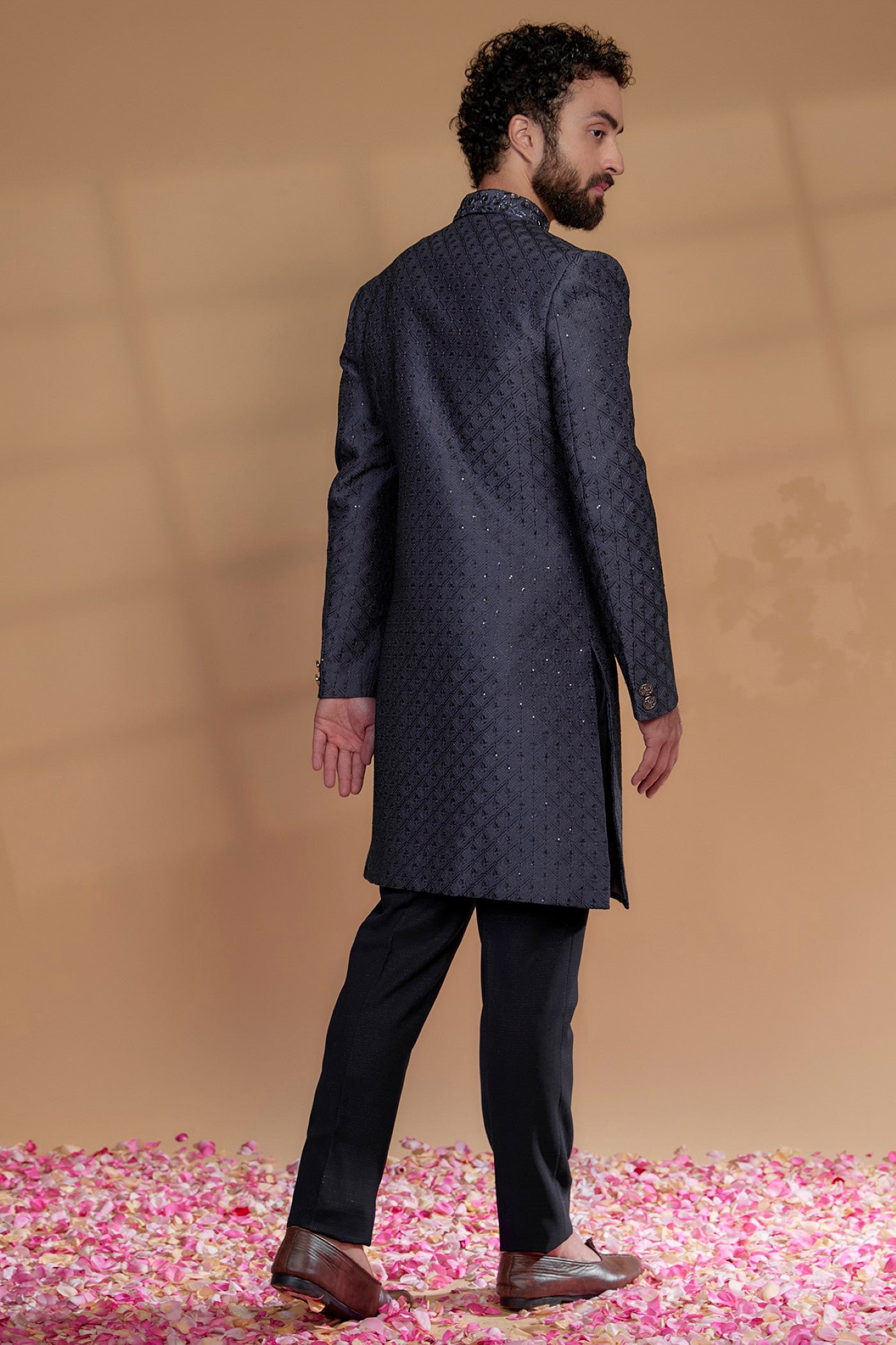 Blue Raw Silk Hand Embroidered Sherwani Set