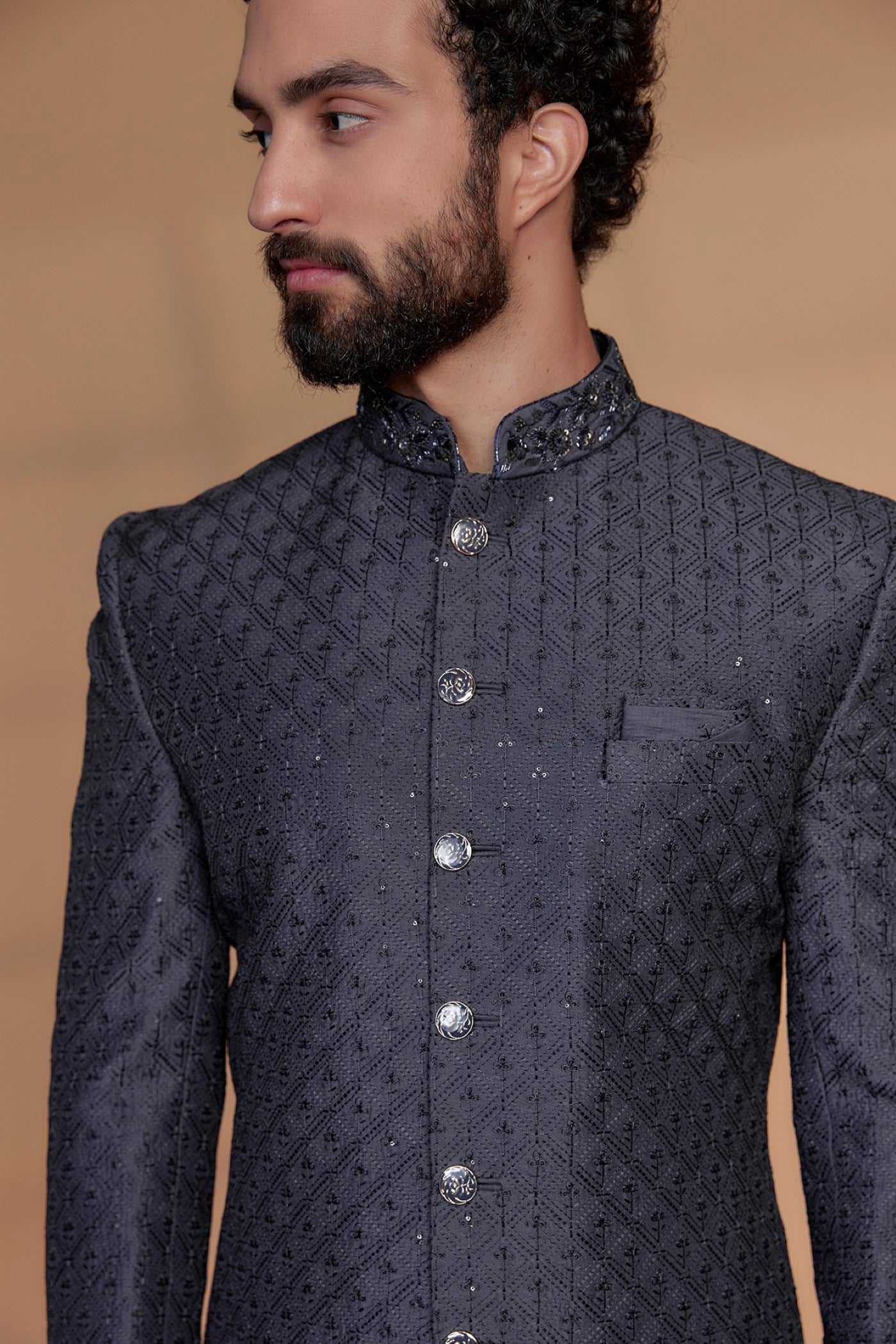 Blue Raw Silk Hand Embroidered Sherwani Set