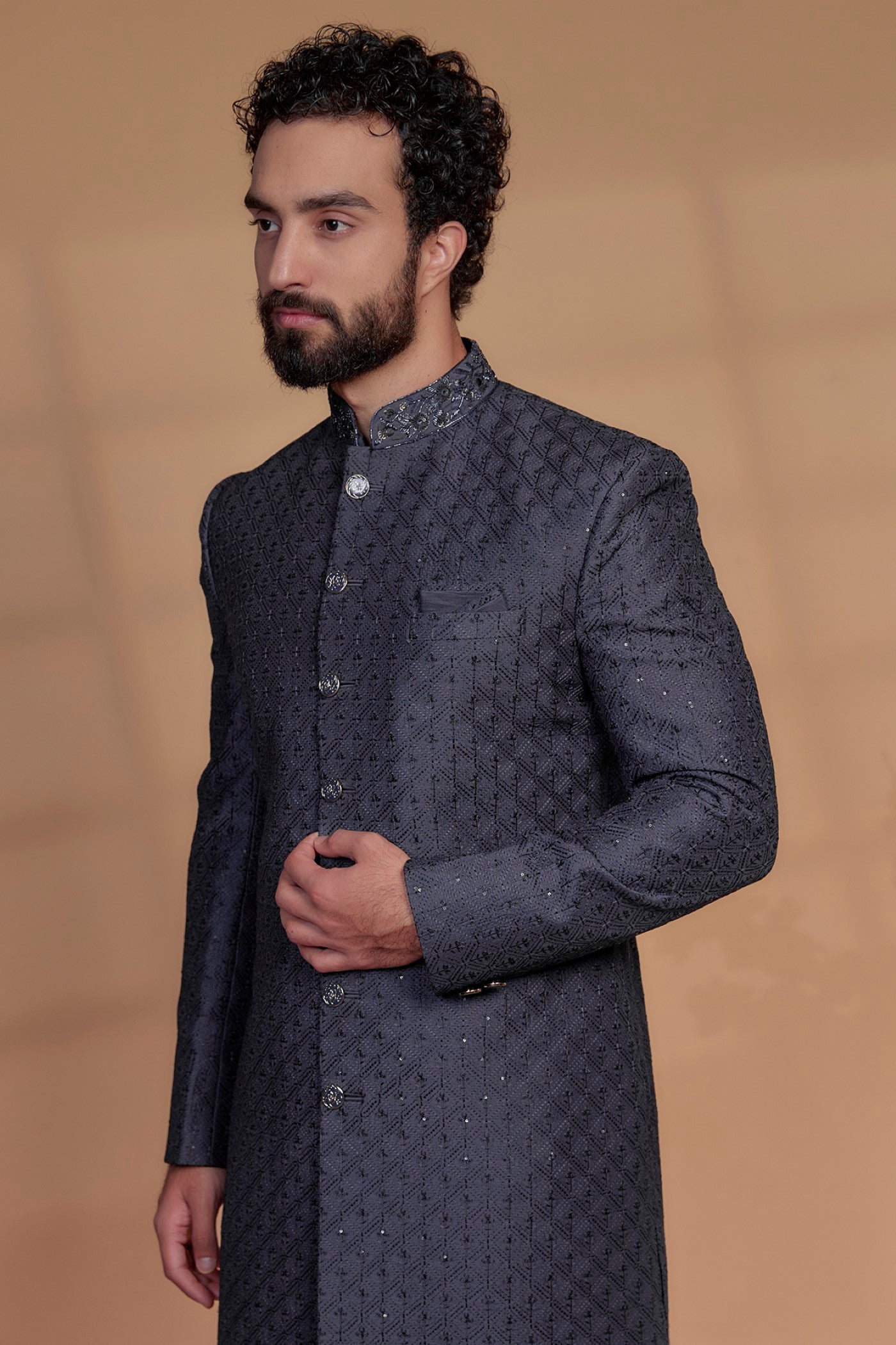 Blue Raw Silk Hand Embroidered Sherwani Set