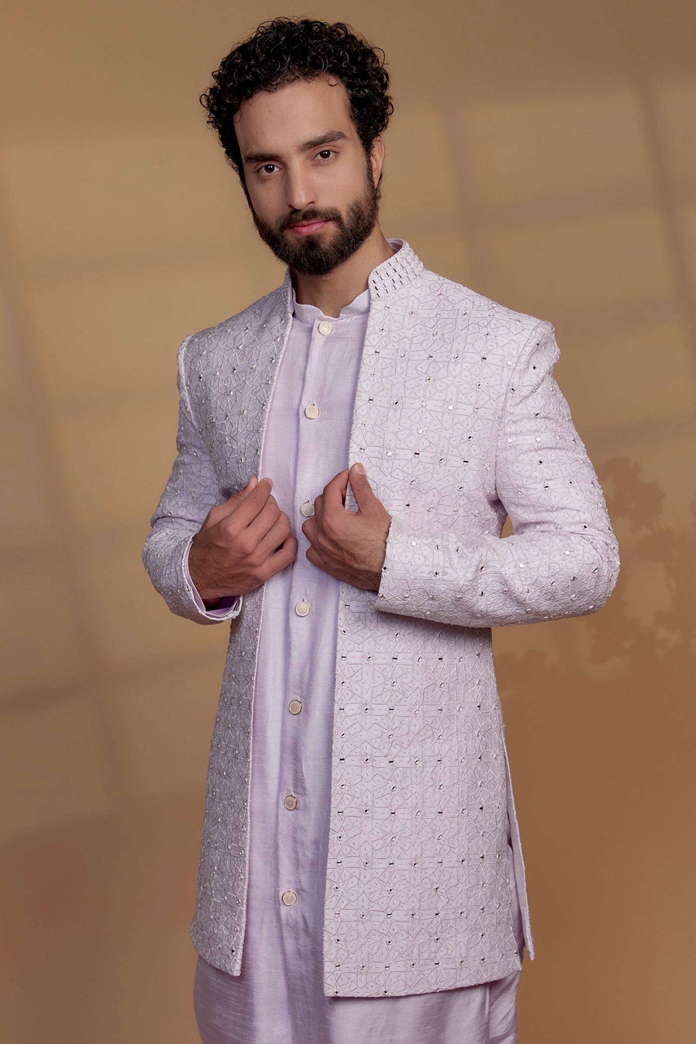 Raw Silk Mirror Embroidered Indowestern Set