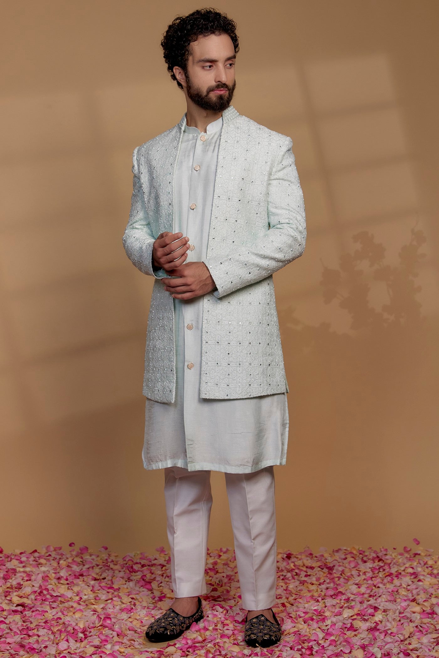 Raw Silk Mirror Embroidered Indowestern Set