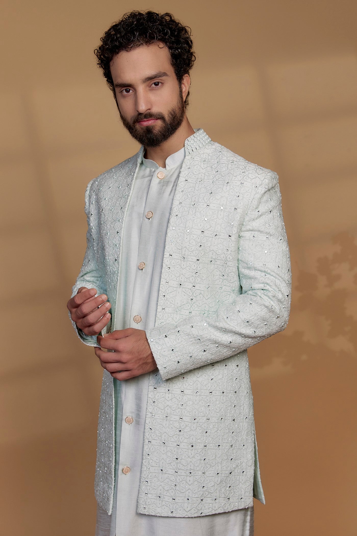 Raw Silk Mirror Embroidered Indowestern Set