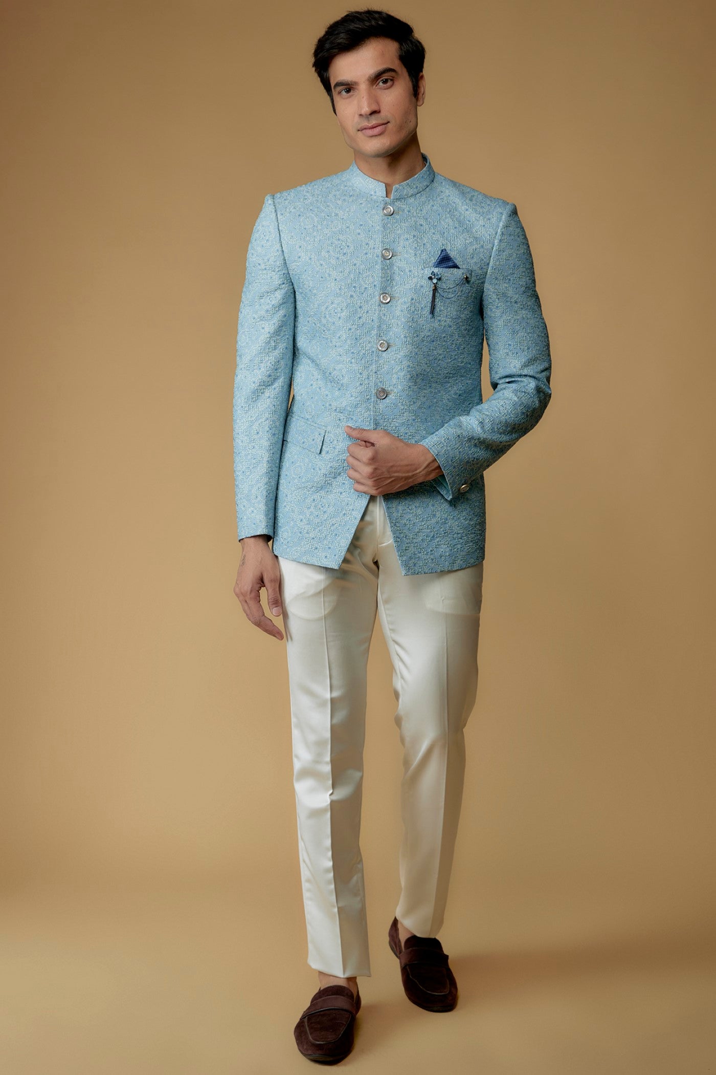 Eccentric Blue Silk Printed Jodhpuri Bandhgala Set