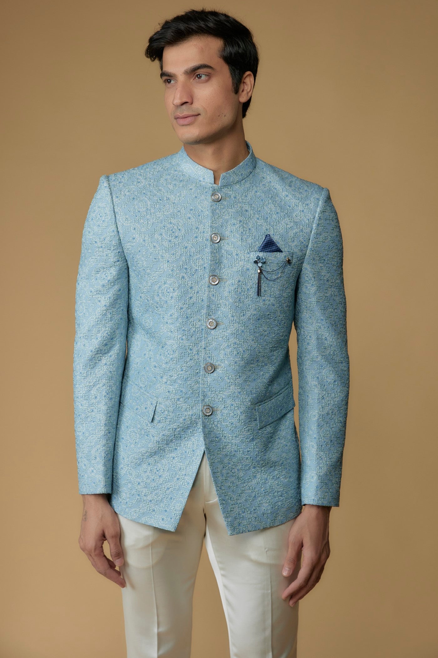Eccentric Blue Silk Printed Jodhpuri Bandhgala Set