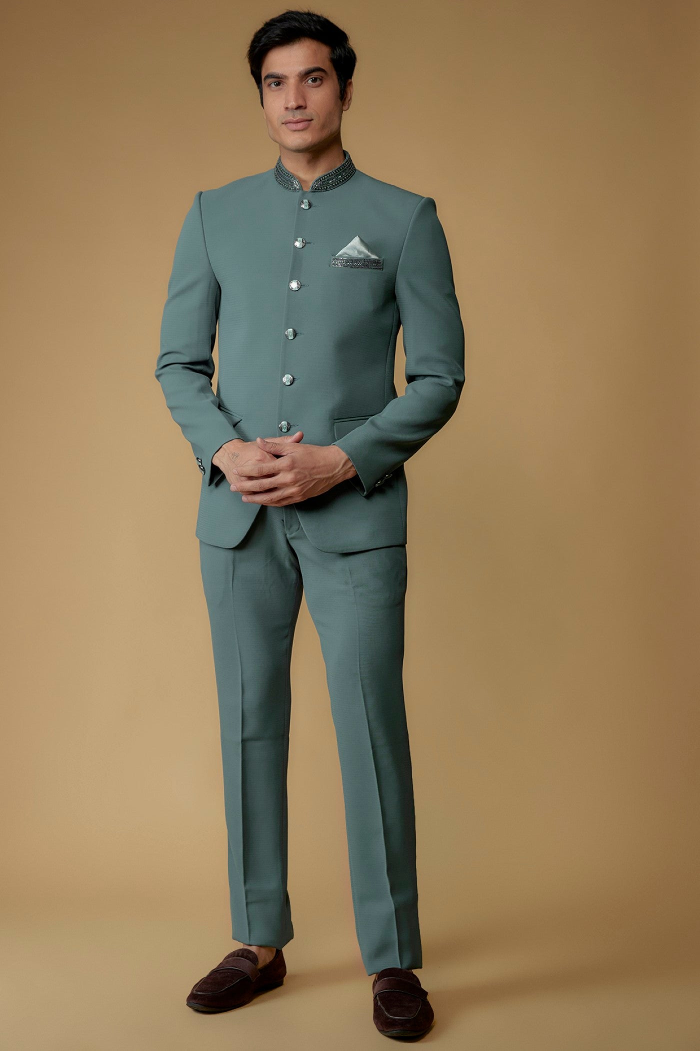 Teal Blue Japanese Suiting Fabric  Bandhgala Set
