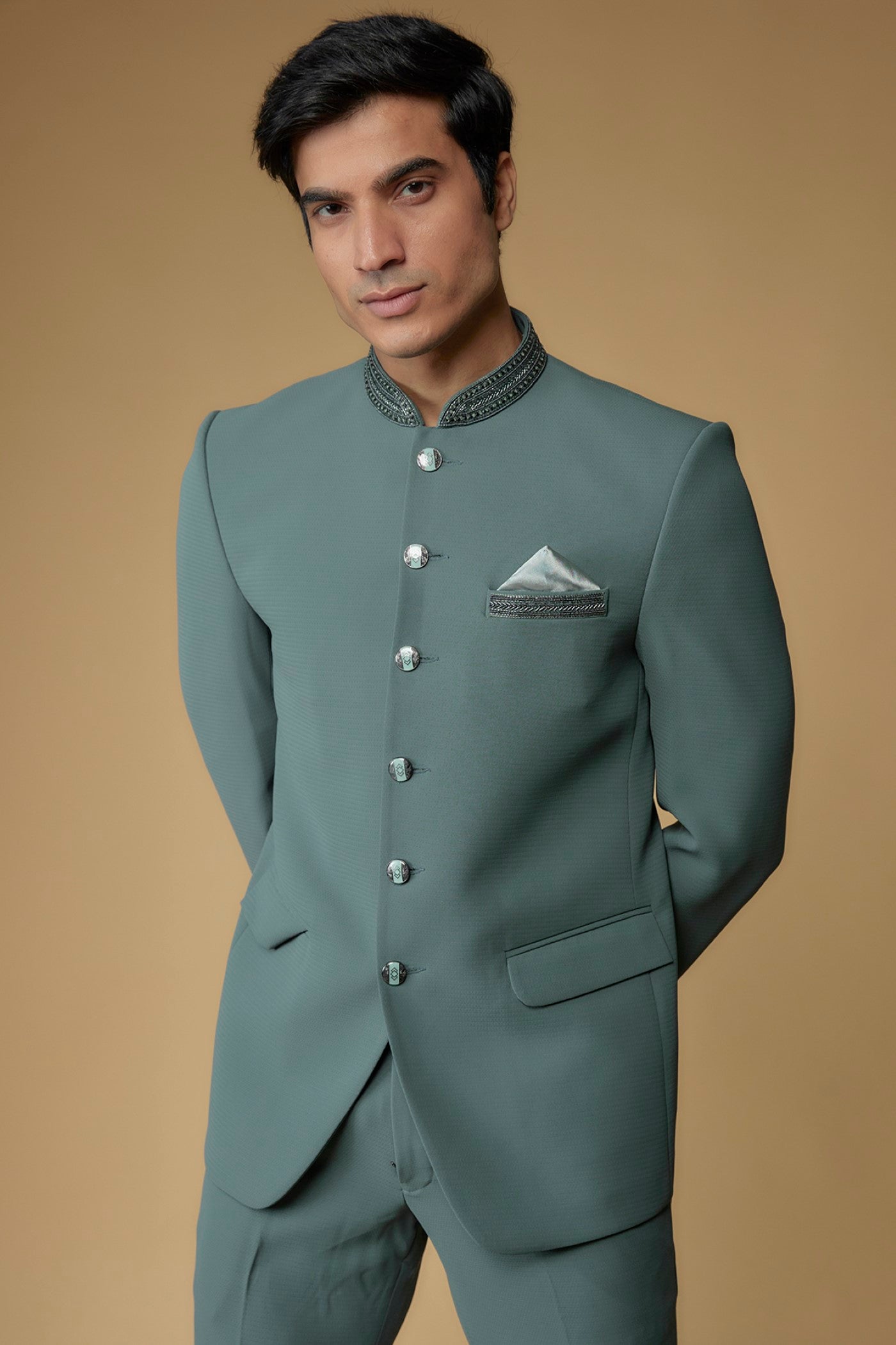 Teal Blue Japanese Suiting Fabric Bandhgala Set