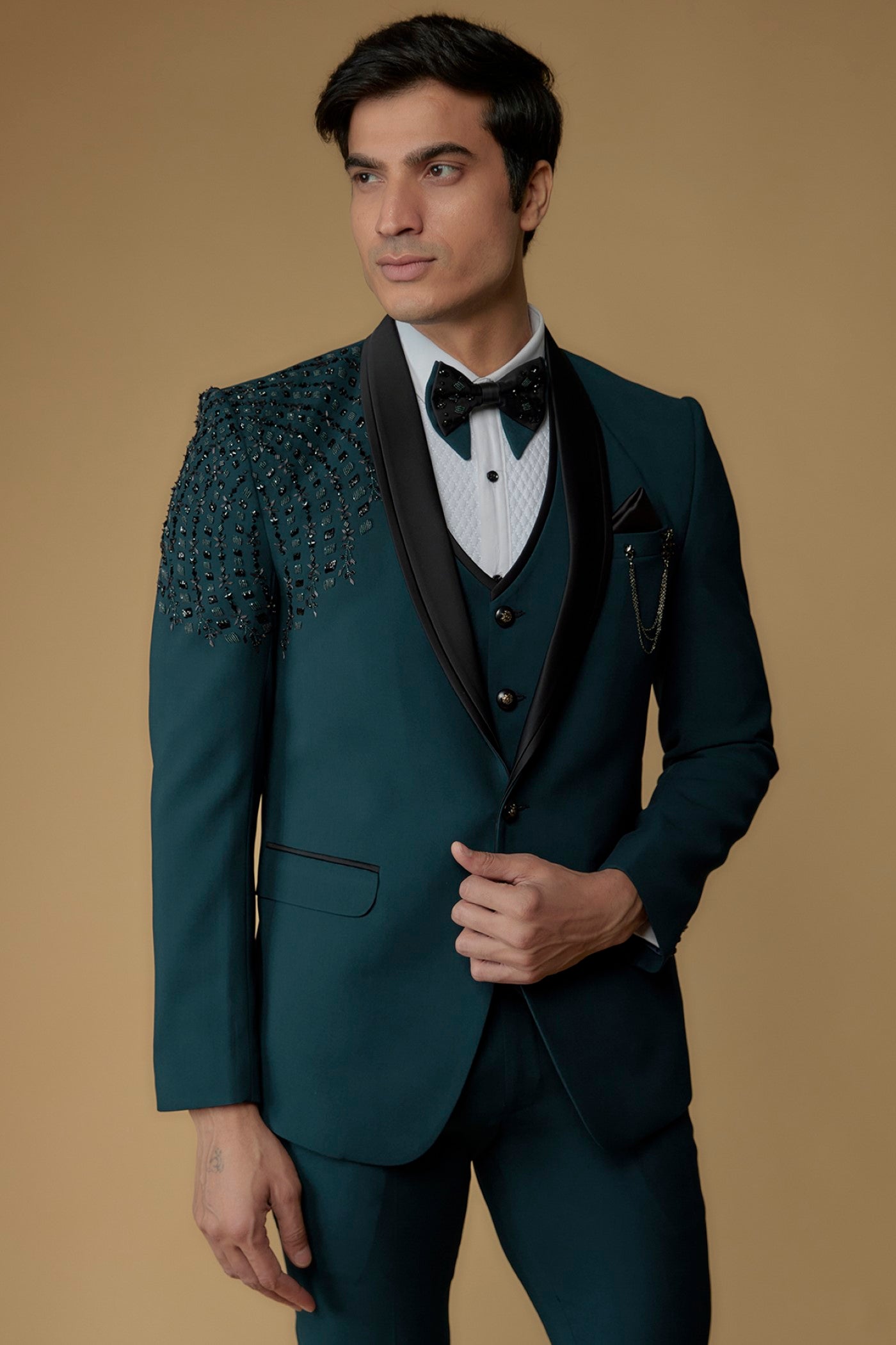 Blue Suiting Fabric Hand Embroidered Tuxedo Set