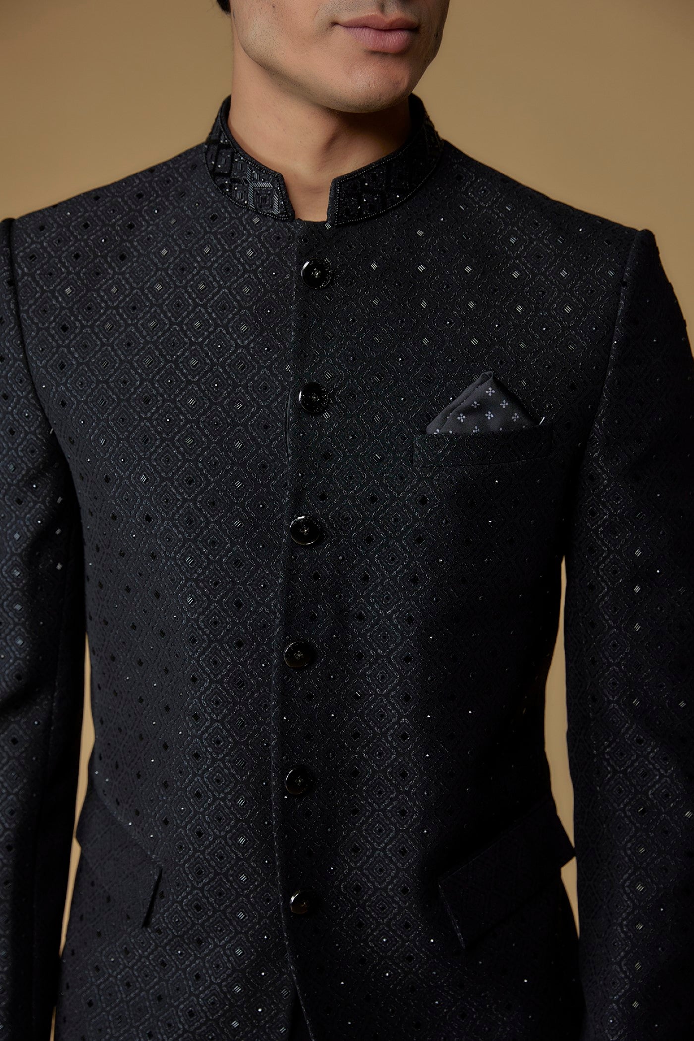 Onyx Black Imported Jacquard Cutdana Embroidered Bandhgala Set